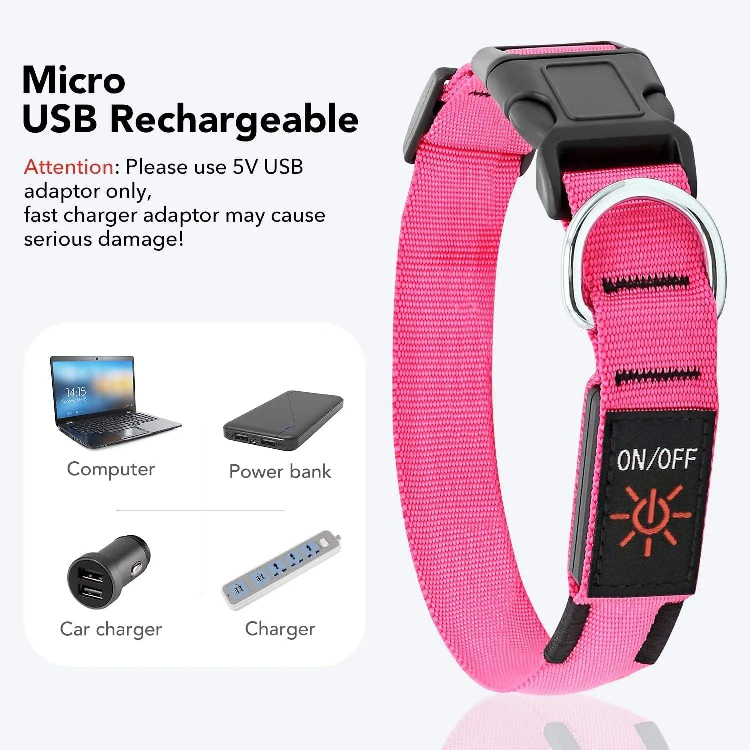 Colaseeme LED Dog Collar Light Up Dog Collars Micro USB Rechargeable Adjustable Nylon Webbing Plastic Buckle D Ring Glow Safety Basic Dog Collars for Dogs (L, Pink)