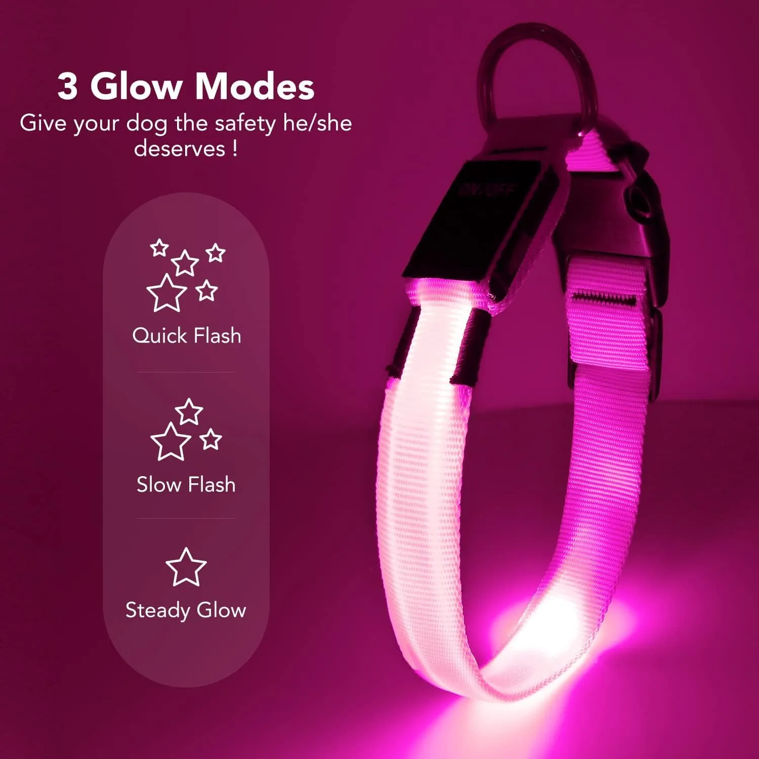 Colaseeme LED Dog Collar Light Up Dog Collars Micro USB Rechargeable Adjustable Nylon Webbing Plastic Buckle D Ring Glow Safety Basic Dog Collars for Dogs (L, Pink)