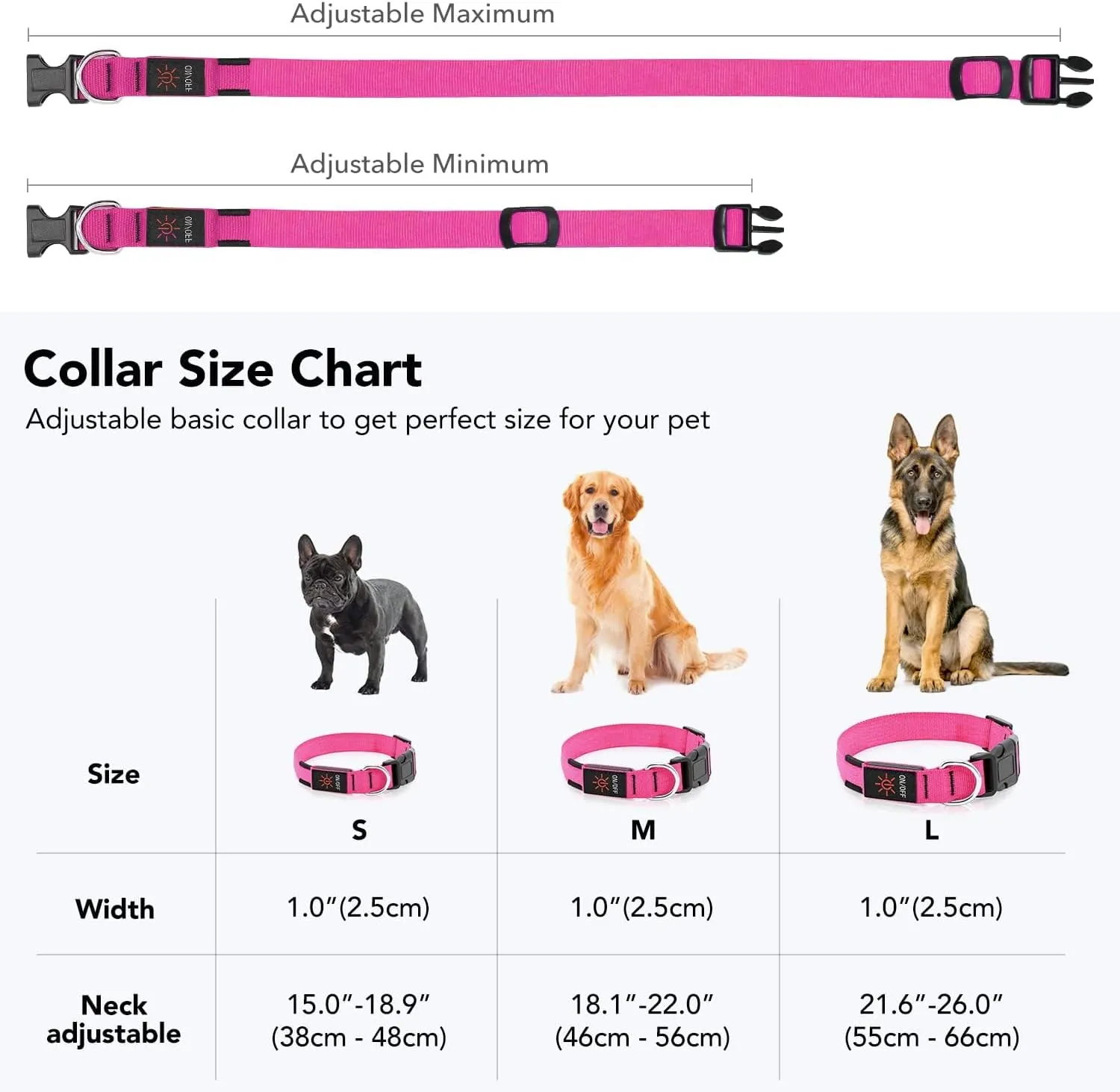 Colaseeme LED Dog Collar Light Up Dog Collars Micro USB Rechargeable Adjustable Nylon Webbing Plastic Buckle D Ring Glow Safety Basic Dog Collars for Dogs (L, Pink)
