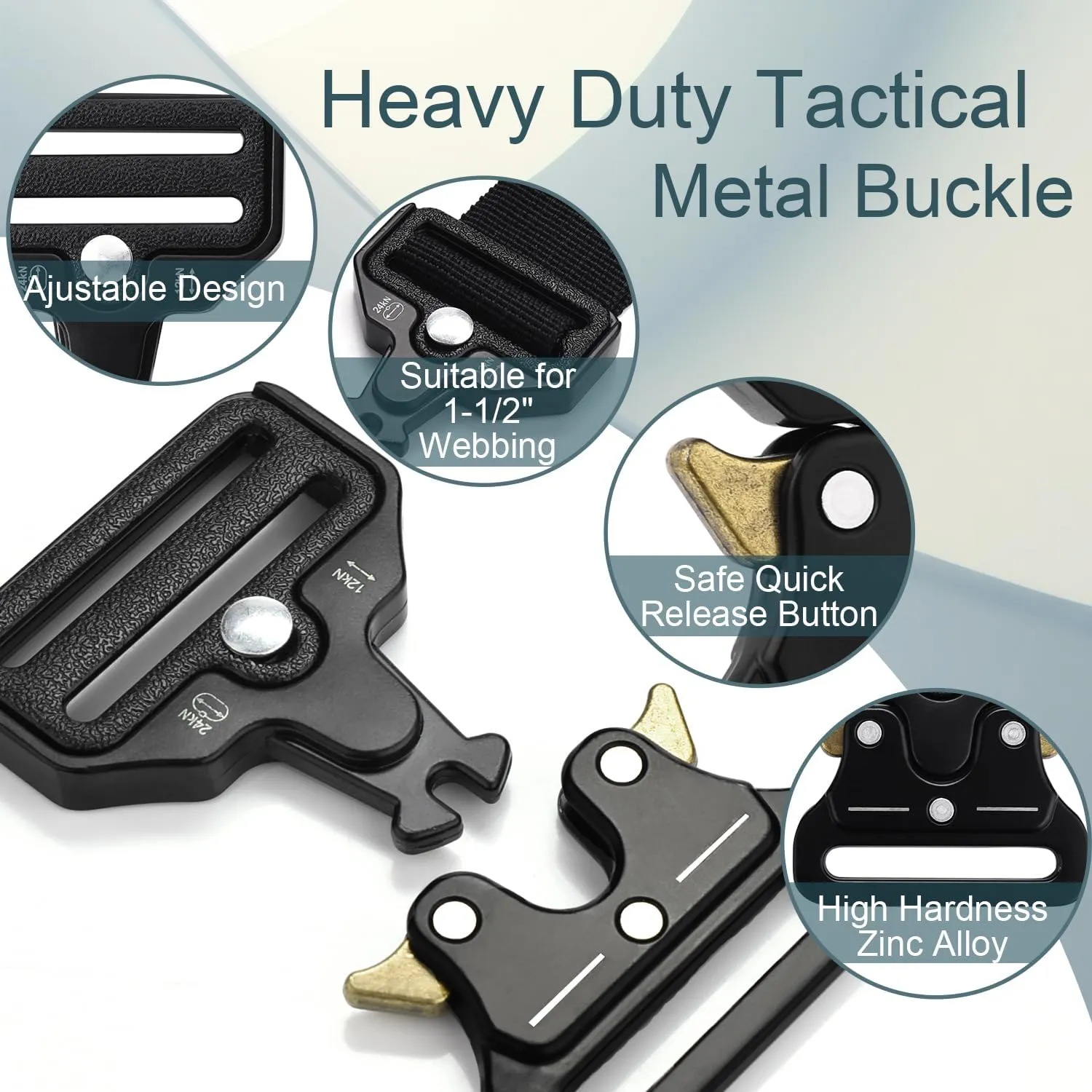 CooBigo 2 Pack Tactical Belt Buckles, 1-1/2" Heavy Duty Metal Tactical Buckle Clips for Dog Collar Hardware, Harness, Backpack, Luggage Strap Release Clasp Replacement (Black)