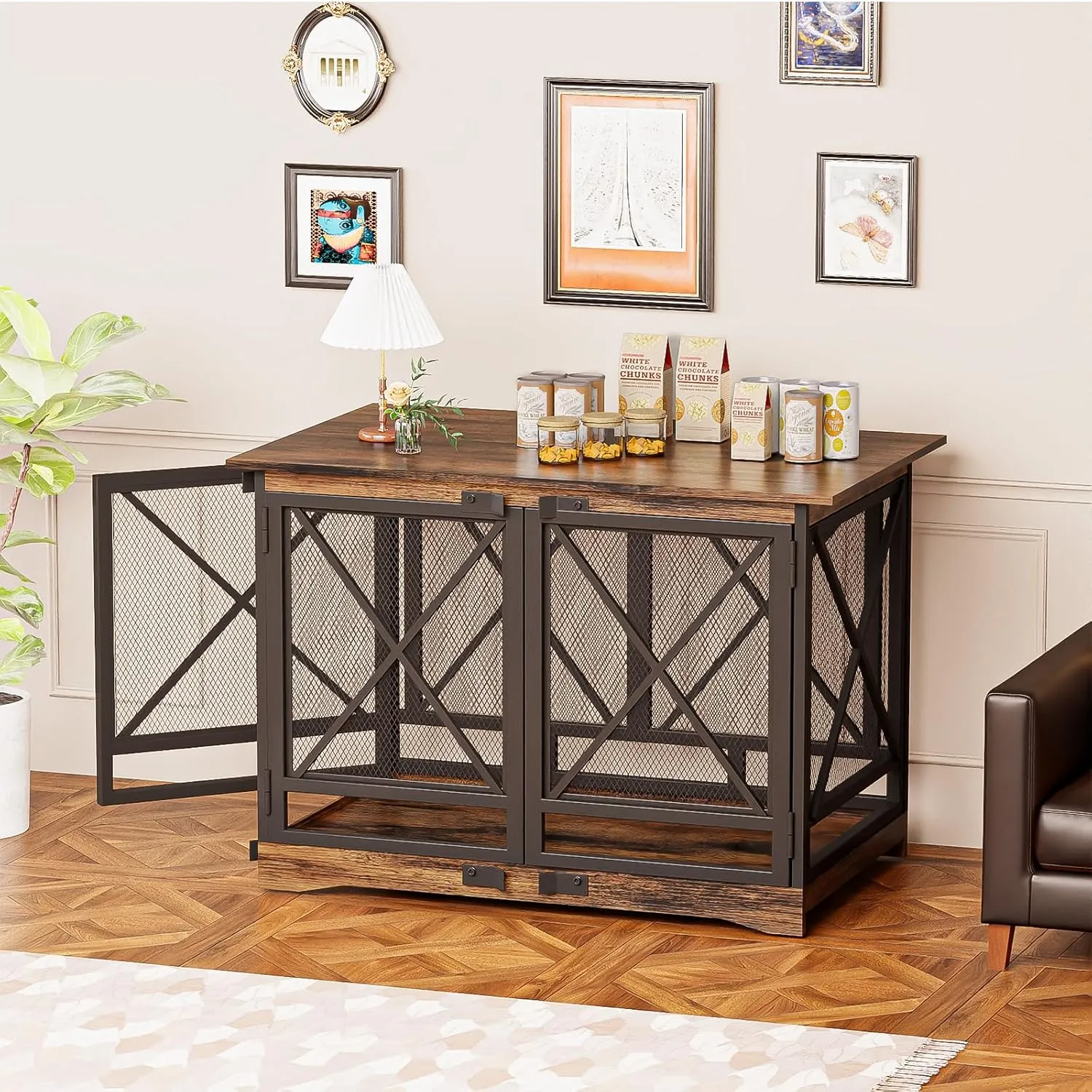 COZPAW Large Dog Crate Furniture - 48 inch Heavy Duty Dog Kennel Indoor for XLarge Breed with Double Doors, Wooden Dog Cage XL Modern Decorative End Table Pet House (Brown)