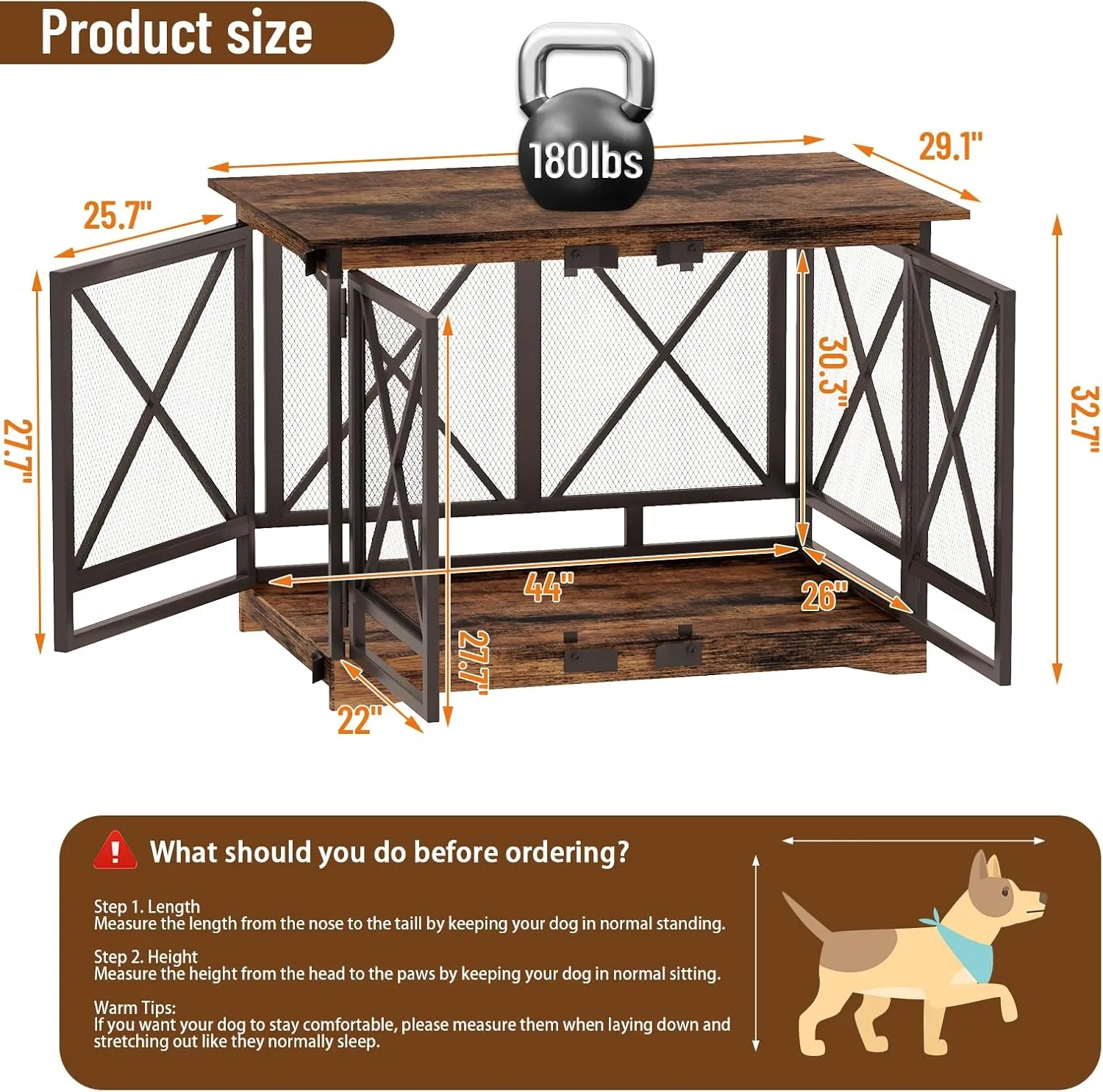 COZPAW Large Dog Crate Furniture - 48 inch Heavy Duty Dog Kennel Indoor for XLarge Breed with Double Doors, Wooden Dog Cage XL Modern Decorative End Table Pet House (Brown)