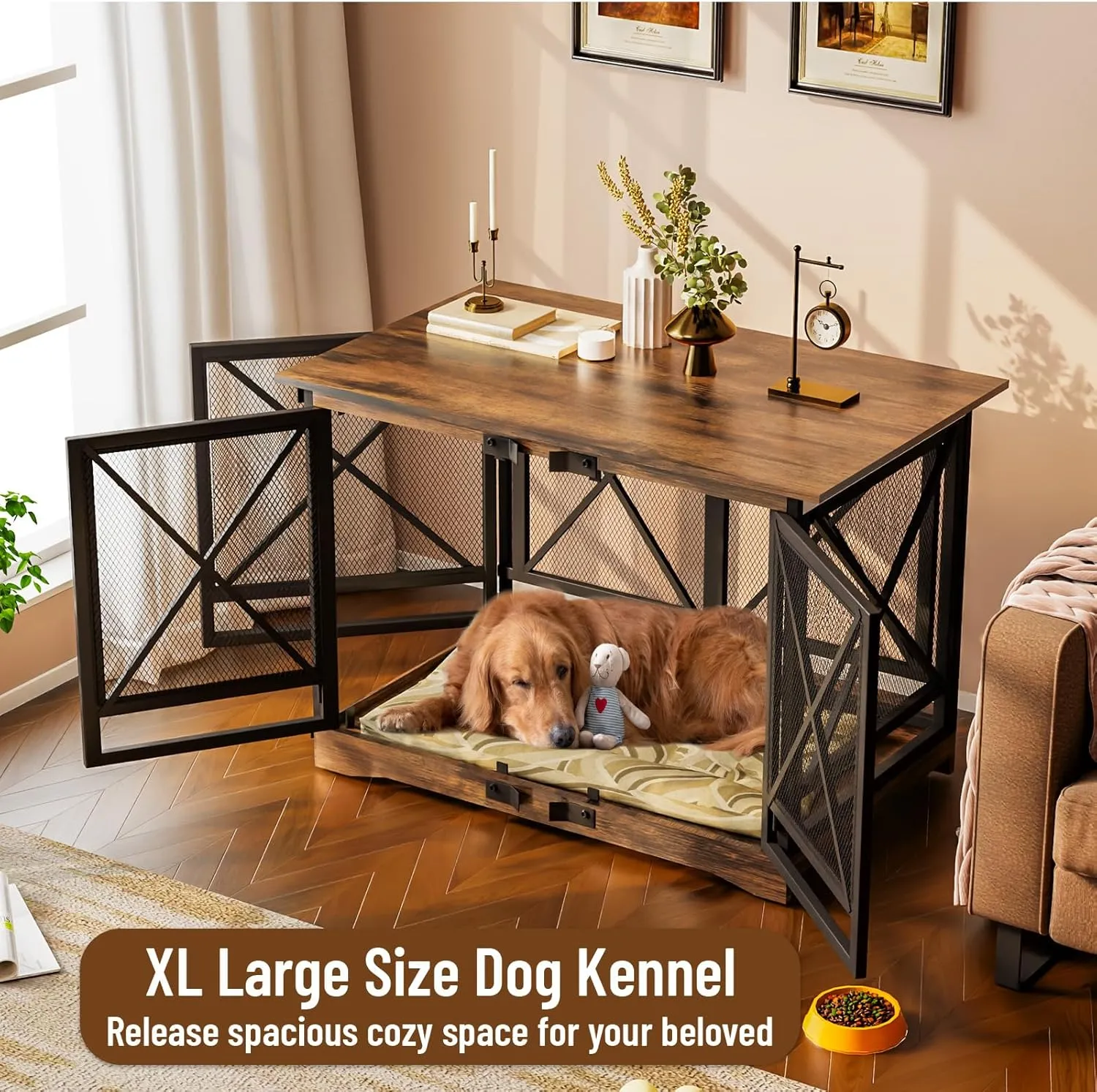 COZPAW Large Dog Crate Furniture - 48 inch Heavy Duty Dog Kennel Indoor for XLarge Breed with Double Doors, Wooden Dog Cage XL Modern Decorative End Table Pet House (Brown)