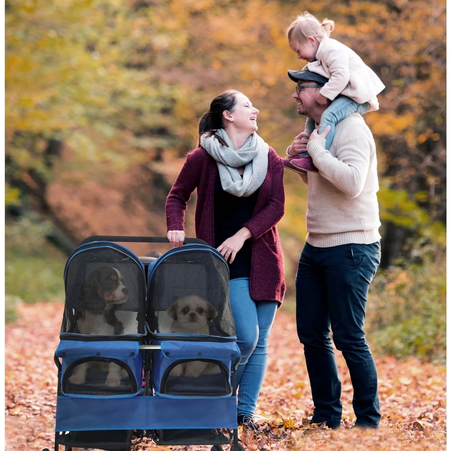 Critter Sitters Double Pet Stroller with Storage - Cat & Dog Stroller for Animals up to 44 lbs, Blue