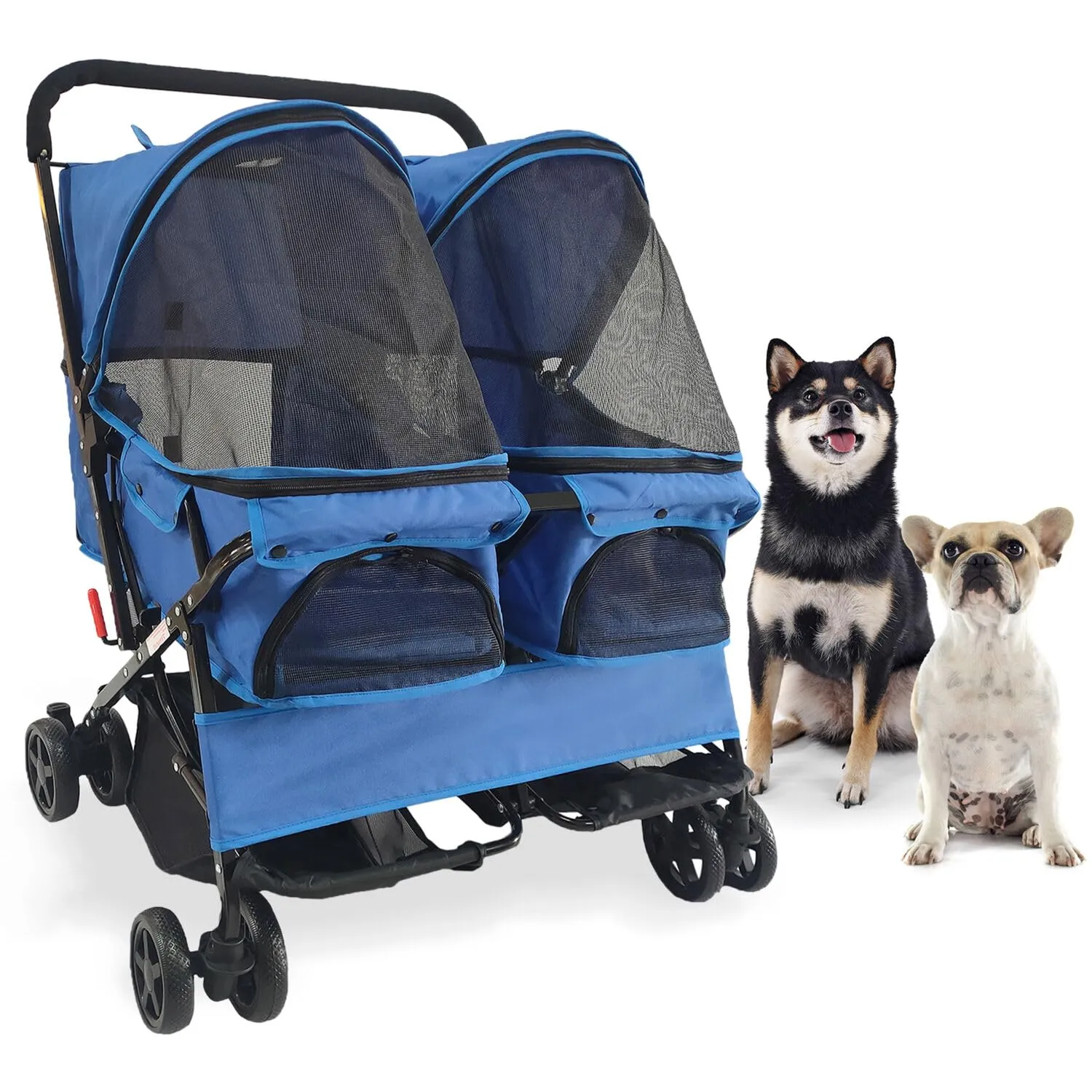 Critter Sitters Double Pet Stroller with Storage - Cat & Dog Stroller for Animals up to 44 lbs, Blue