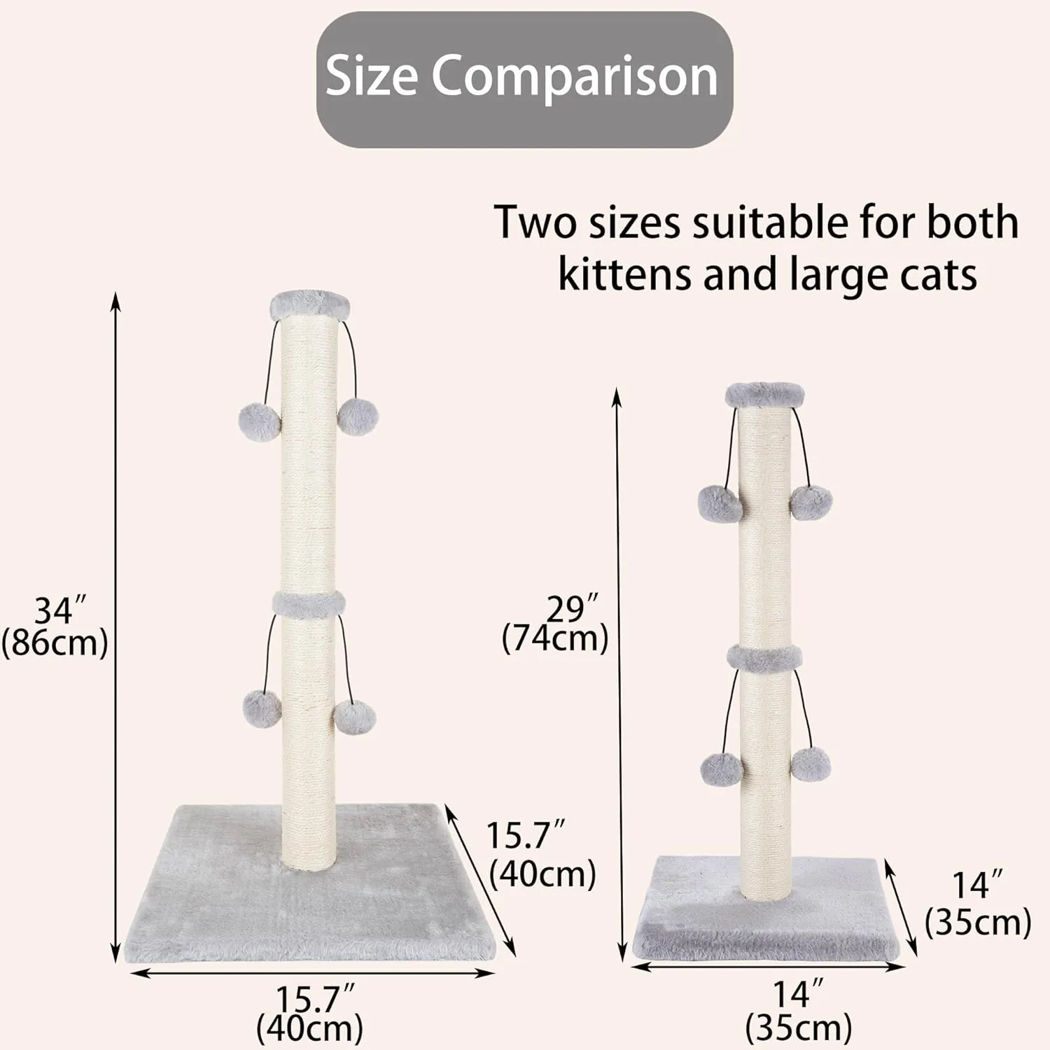 Dimaka 34'' Cat Scratching Post, Cat Scratching Post, Cat Scratcher for Large Cats with Teasing Toy Ball, Natural Sisal White and Grey (Grey)