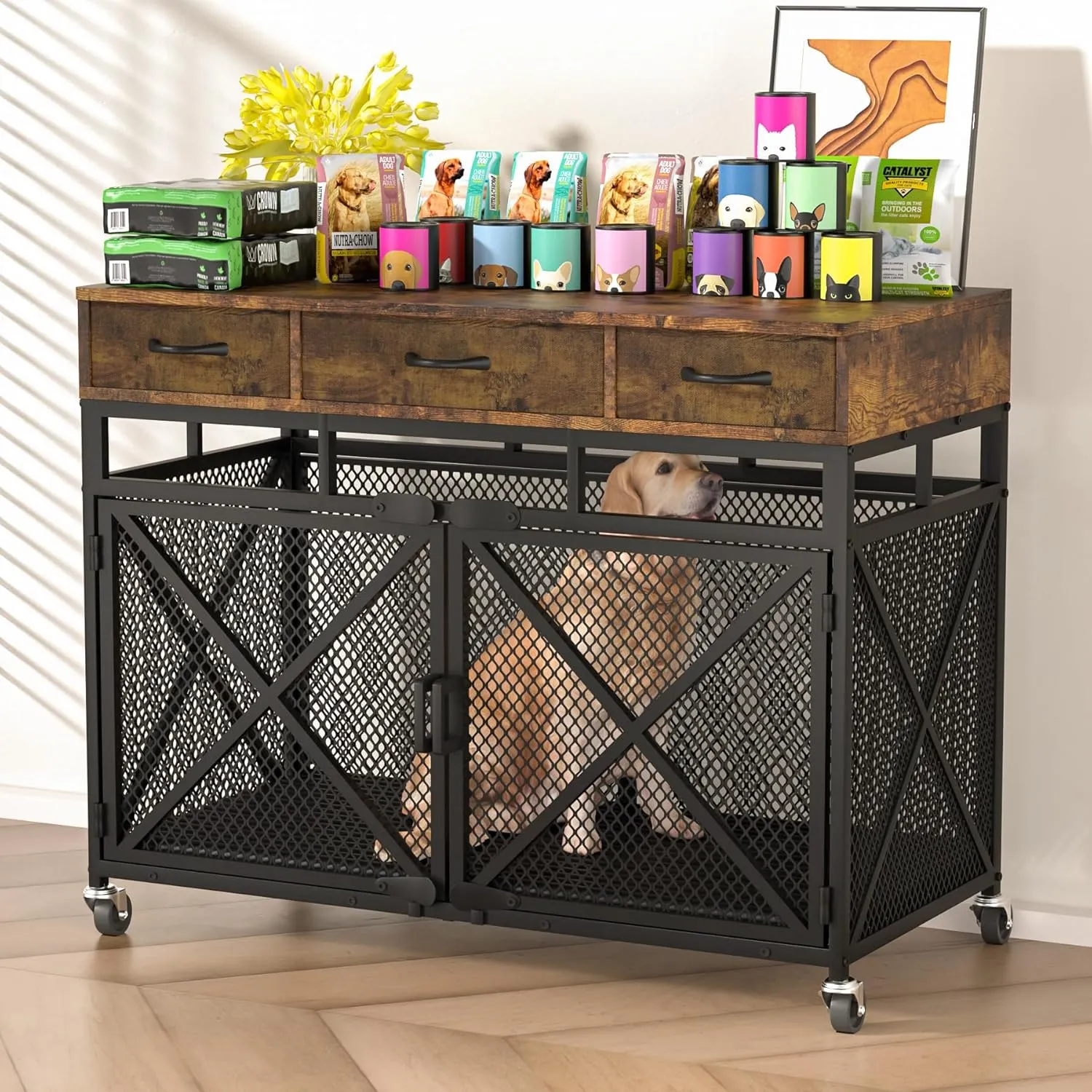 Dog Crate Furniture with Wheels, 43.3inch Heavy Duty Dog Kennel with 3 Fabric Drawers, Dog Crate Side End Table, Indoor Furniture-Style Dog House Cage for Large Medium Small Dogs, Brown