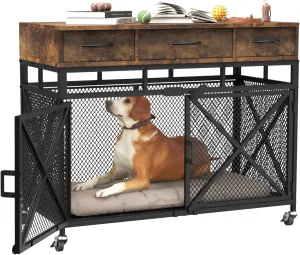 Dog Crate Furniture with Wheels, 43.3inch Heavy Duty Dog Kennel with 3 Fabric Drawers, Dog Crate Side End Table, Indoor Furniture-Style Dog House Cage for Large Medium Small Dogs, Brown