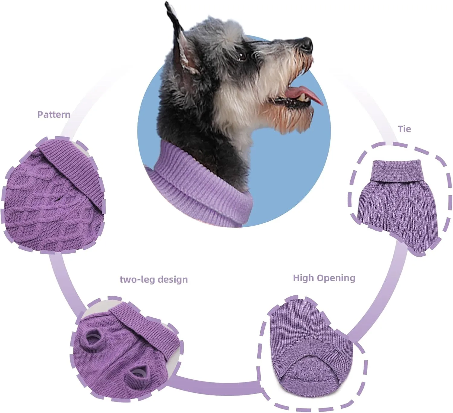 Dog Pullover Sweater, Cold Weather Cable Knitwear, Warm Clothes for Chihuahua, Bulldog, Dachshund, Pug, Yorkie, Dog Outfits for Small Dogs (Purple XS)