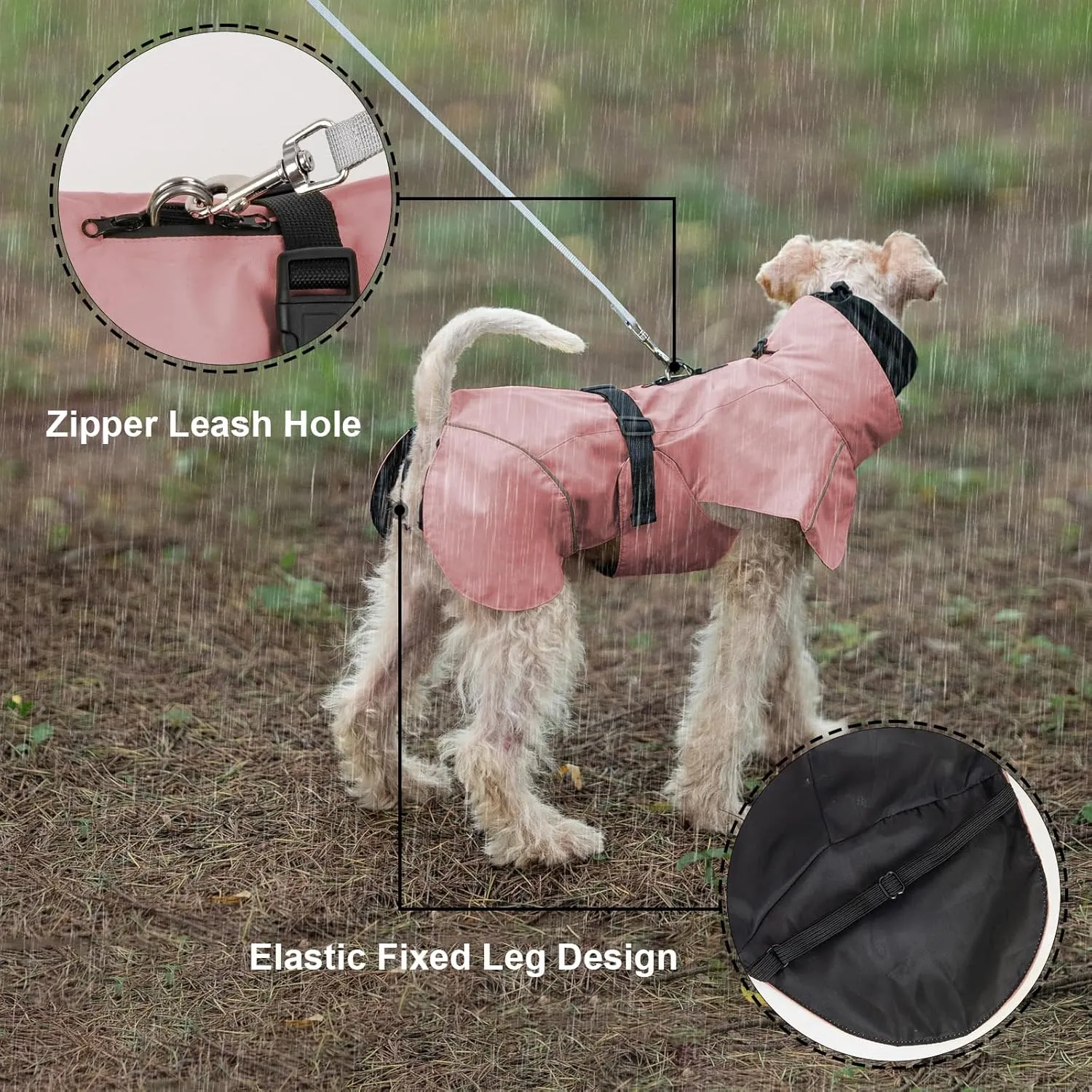 Dog Raincoat, Waterproof Dog Rain Jacket with Calming Hood, Adjustable Lightweight Dog Rain Coat with Zipper Leash Hole and Reflective Strip for Small Medium Dogs Puppies(Pink, L)