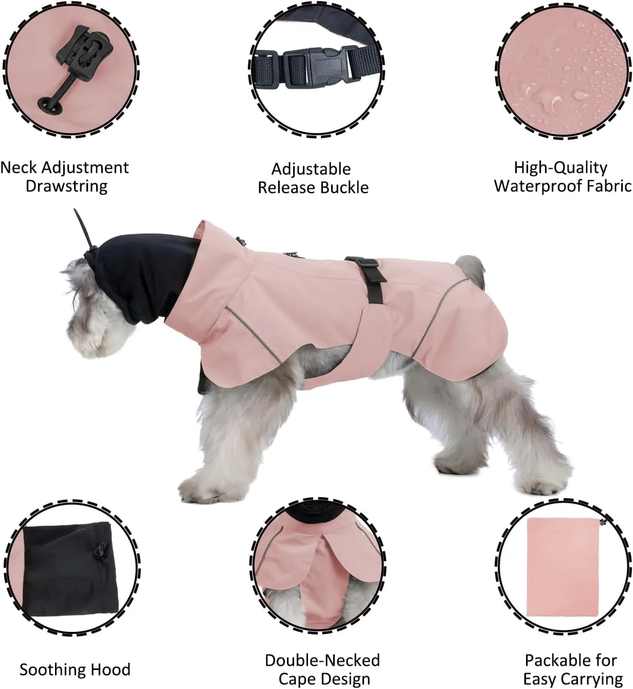 Dog Raincoat, Waterproof Dog Rain Jacket with Calming Hood, Adjustable Lightweight Dog Rain Coat with Zipper Leash Hole and Reflective Strip for Small Medium Dogs Puppies(Pink, L)