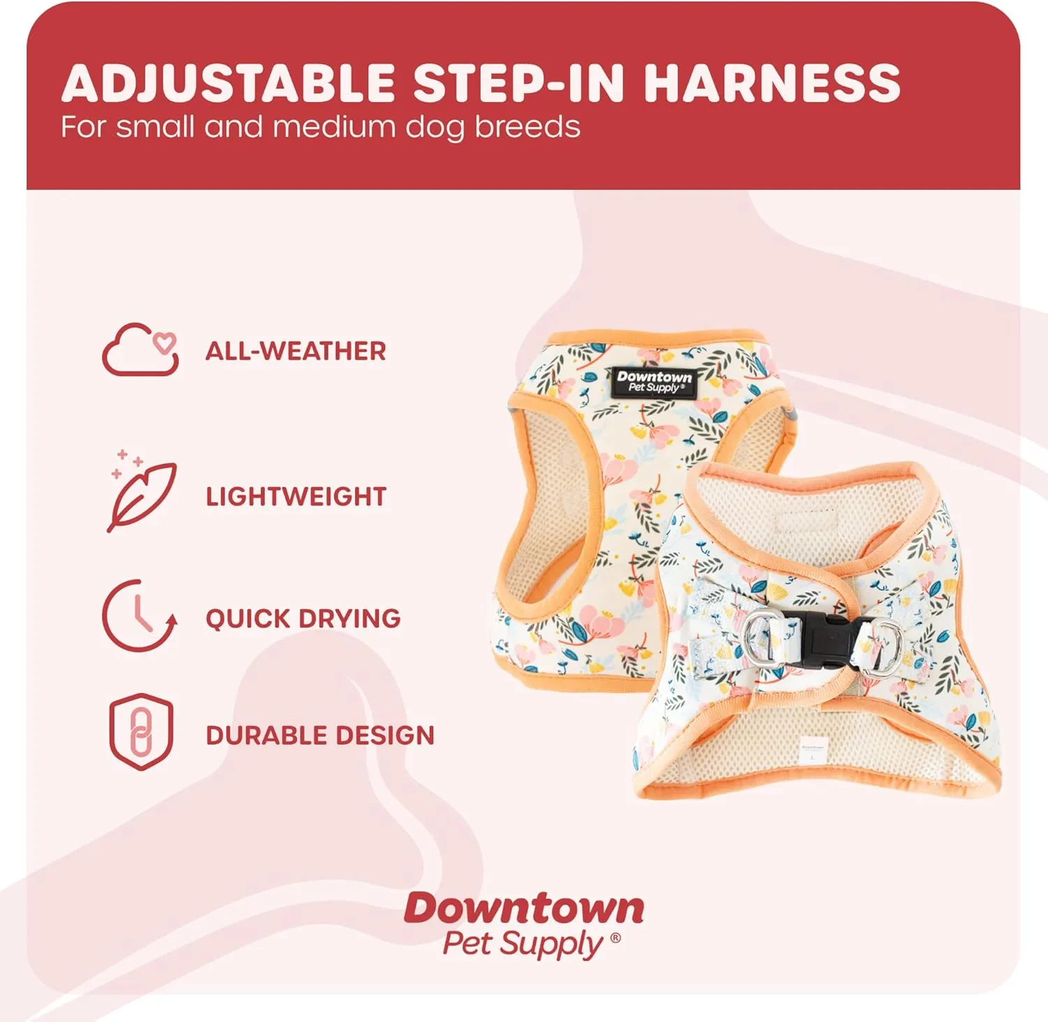 Downtown Pet Supply Step in Dog Harness for Small Dogs No Pull, Large, Floral - Adjustable Harness with Padded Mesh Fabric and Reflective Trim - Buckle Strap Harness for Dogs
