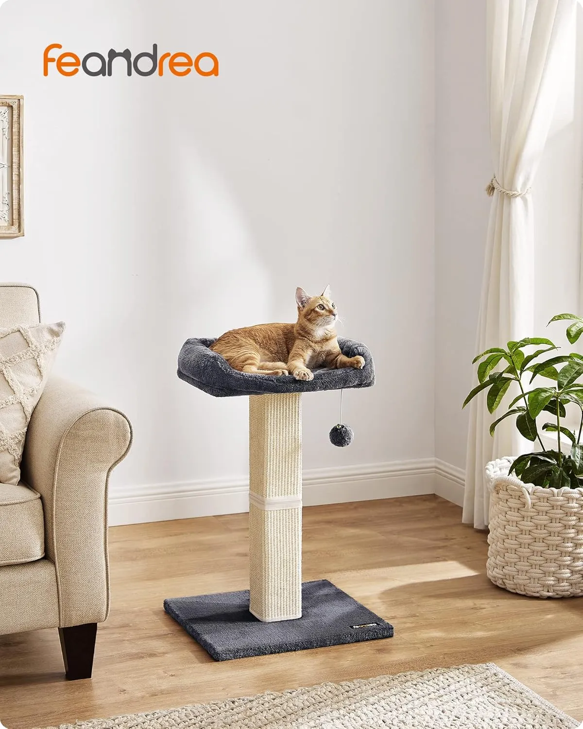 Feandrea Cat Scratching Post, 27.9-Inch Cat Scratcher with 15.7 x 11.8 Inches Plush Perch, Tall Scratch Post with Woven Sisal, Pompom, Removable Washable Cover, Dark Gray UPCA022G01