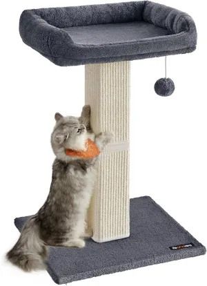 Feandrea Cat Scratching Post, 27.9-Inch Cat Scratcher with 15.7 x 11.8 Inches Plush Perch, Tall Scratch Post with Woven Sisal, Pompom, Removable Washable Cover, Dark Gray UPCA022G01