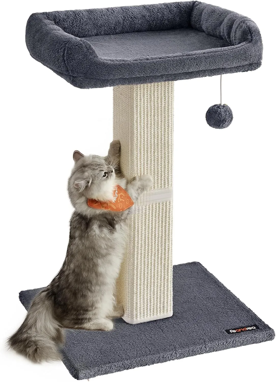 Feandrea Cat Scratching Post, 27.9-Inch Cat Scratcher with 15.7 x 11.8 Inches Plush Perch, Tall Scratch Post with Woven Sisal, Pompom, Removable Washable Cover, Dark Gray UPCA022G01