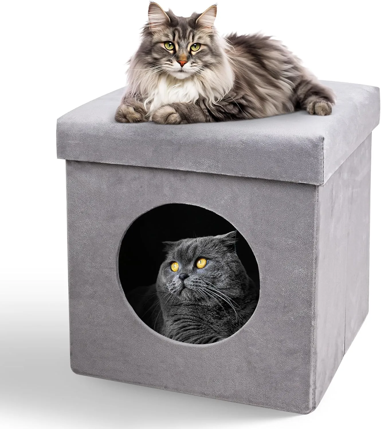Foldable Cat House  Indoor Cat Condo for Small Cats  Felt Cat Hideaway with Cushioned Top  Portable, Cozy Cat Cave  Easy Assembly & Storage  12.5"x12.5"x13.4", Gray