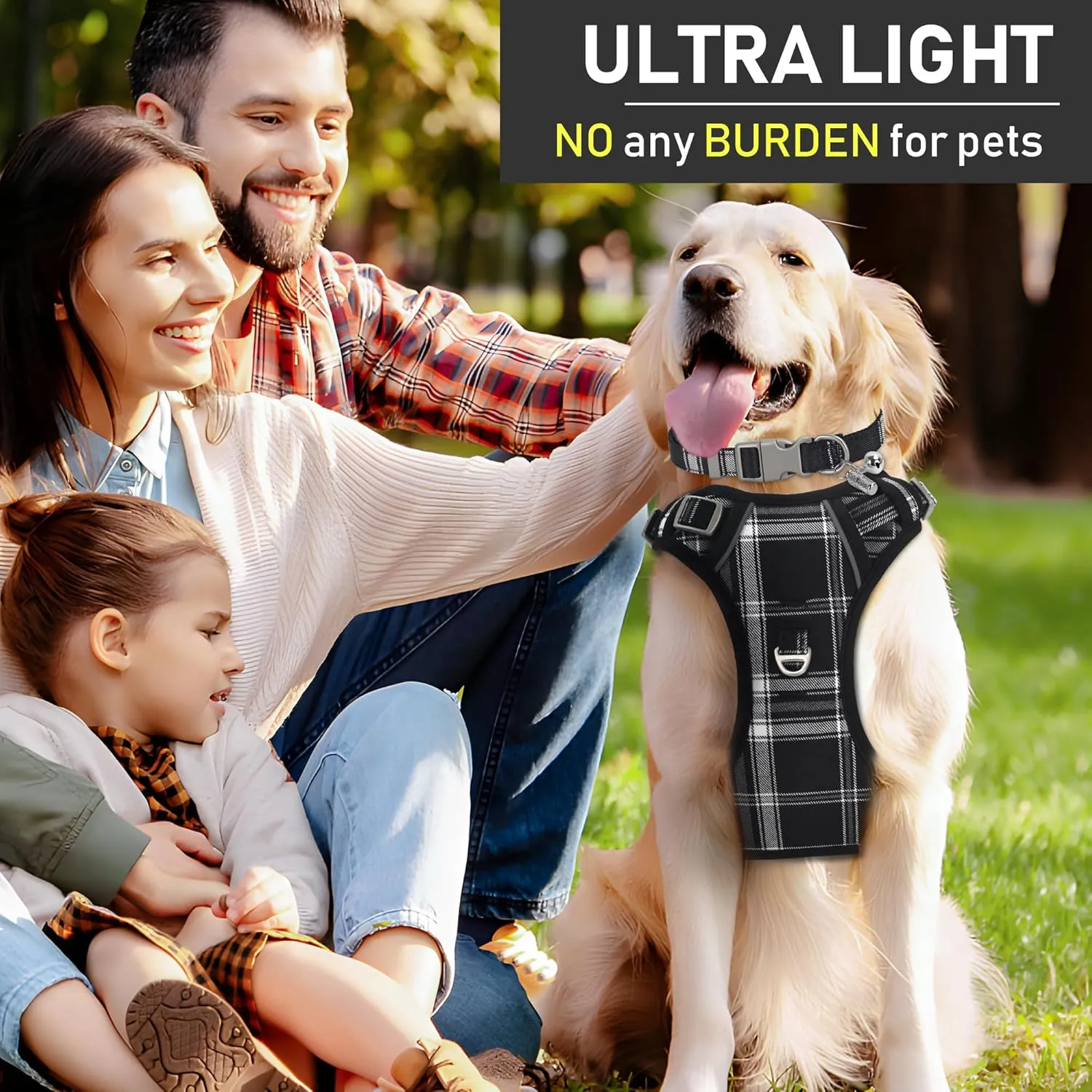 GAMUDA Dog Harness Collar and Leash Set, Horse Care Sheets, No Chock No Pull Adjustable Vest Harnesses Plaid Reflective for Medium Dog, Cat, Small Horse, Small Bull and Pig (Black, L)