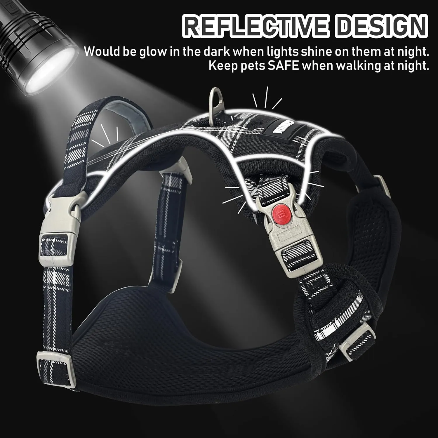 GAMUDA Dog Harness Collar and Leash Set, Horse Care Sheets, No Chock No Pull Adjustable Vest Harnesses Plaid Reflective for Medium Dog, Cat, Small Horse, Small Bull and Pig (Black, L)