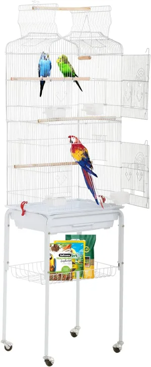 HCY Open Top Standing Bird Cage 64 Inch with Rolling Stand for Parakeets Cockatiel Parrots Lovebirds Medium Small Bird Cage-White L17 * W13 * H64 inches