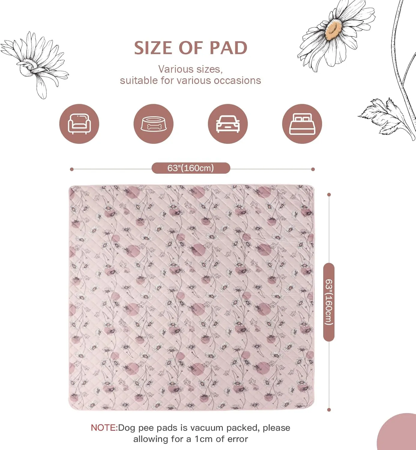 IEUUMLER Washable Pee Pads for Dogs, 1 Pack Non-Slip & Waterproof Pack Whelping Pad, Reusable Washable Puppy Potty Training Pad with Fast Absorbent for Playpen EU007 (Pink Daisy, 63"X63"-1pcs)