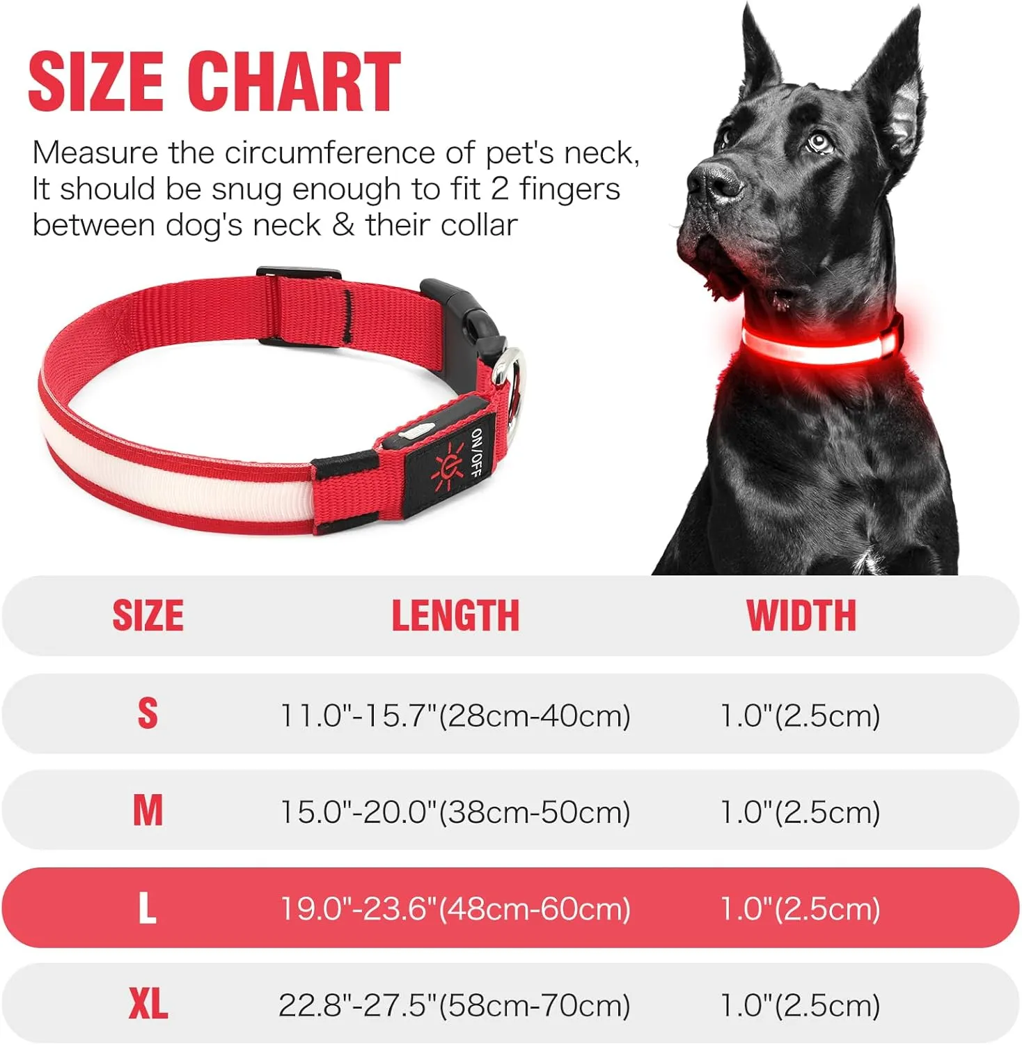 Illumifun LED Dog Collar, USB Rechargeable Light Up Dog Collar, Safety Glow Light for Your Pet Walking at Night (Red, Large)