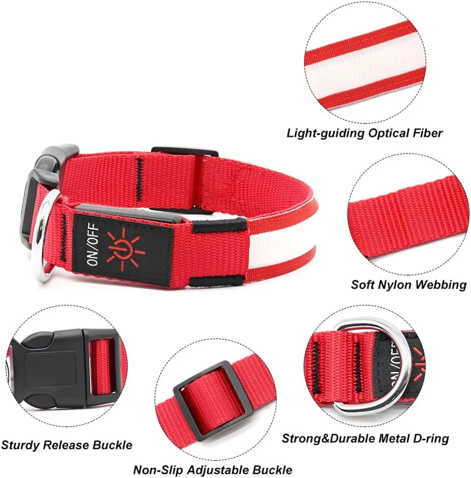Illumifun LED Dog Collar, USB Rechargeable Light Up Dog Collar, Safety Glow Light for Your Pet Walking at Night (Red, Large)