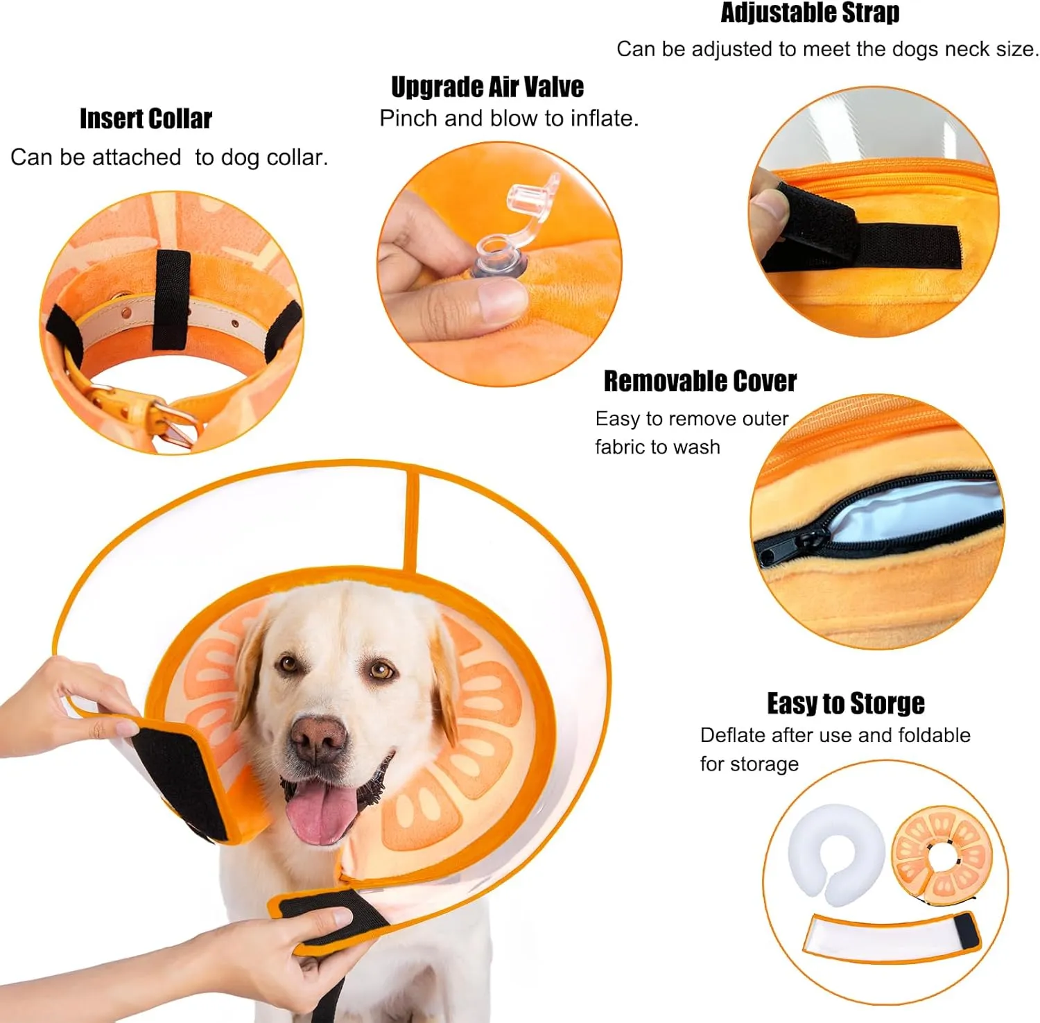 Inflatable Dog Cone Collar for Large Medium Small Dogs, Soft Dog Donut Collar Adjustable Recovery Cone for Pets After Surgery, Extra Enhanced Anti-Licking Guard Shield for Pets (ML, Orange)