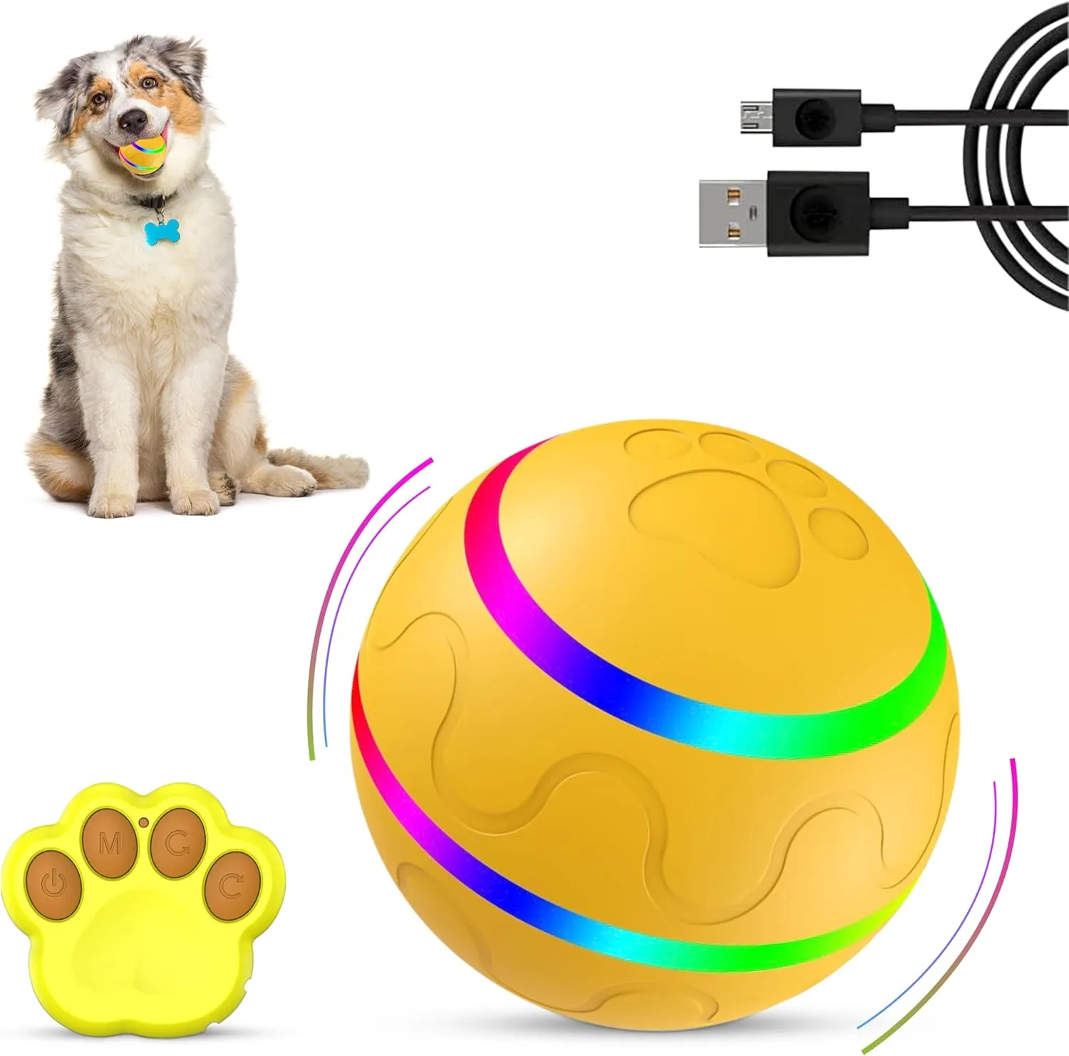 Interactive Dog Toy Ball with Remote Control and LED Flash Light, USB Rechargeable Self Rolling Ball with 2 Modes, Motion Activated for Dogs/Cats - Yellow