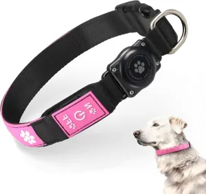 LED AirTag Dog Collar - Brightest Light Up Dog Collars - IP67 Waterproof Air Tag Dog Collar Holder - 1,600 Feet of High Visibility - USB C Rechargeable - Dog Lights for Night Walking, (Pink, XL)