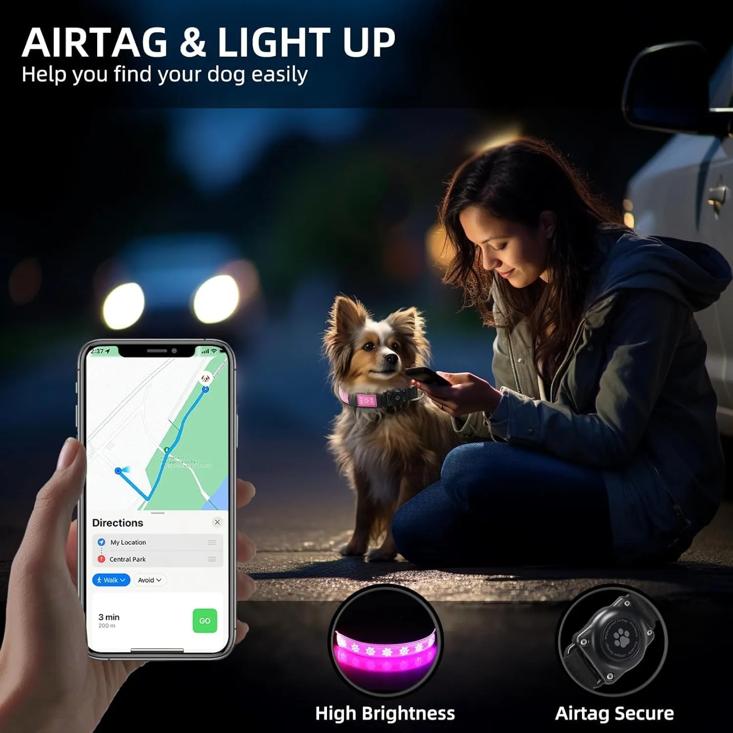 LED AirTag Dog Collar - Brightest Light Up Dog Collars - IP67 Waterproof Air Tag Dog Collar Holder - 1,600 Feet of High Visibility - USB C Rechargeable - Dog Lights for Night Walking, (Pink, XL)