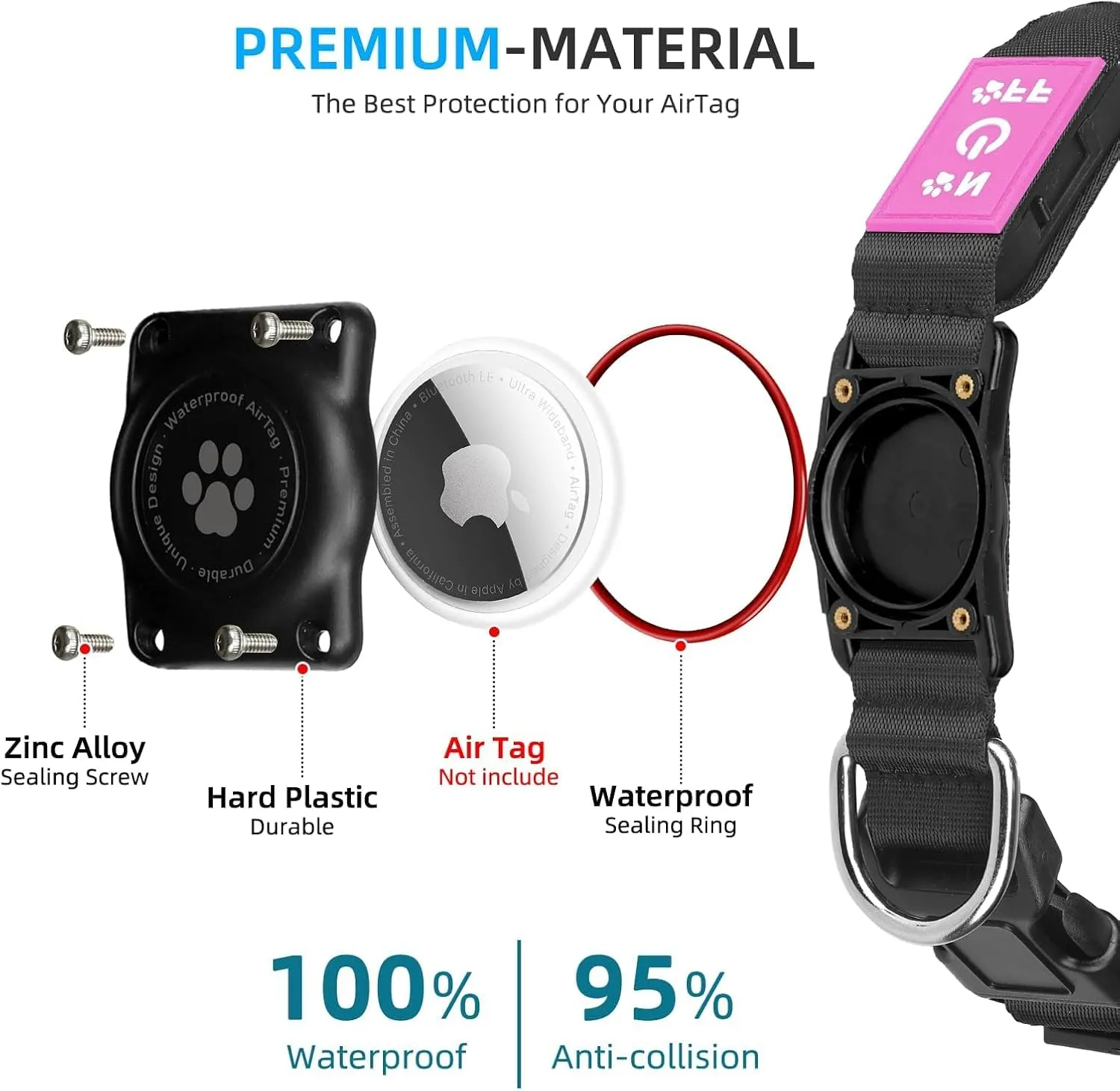 LED AirTag Dog Collar - Brightest Light Up Dog Collars - IP67 Waterproof Air Tag Dog Collar Holder - 1,600 Feet of High Visibility - USB C Rechargeable - Dog Lights for Night Walking, (Pink, XL)
