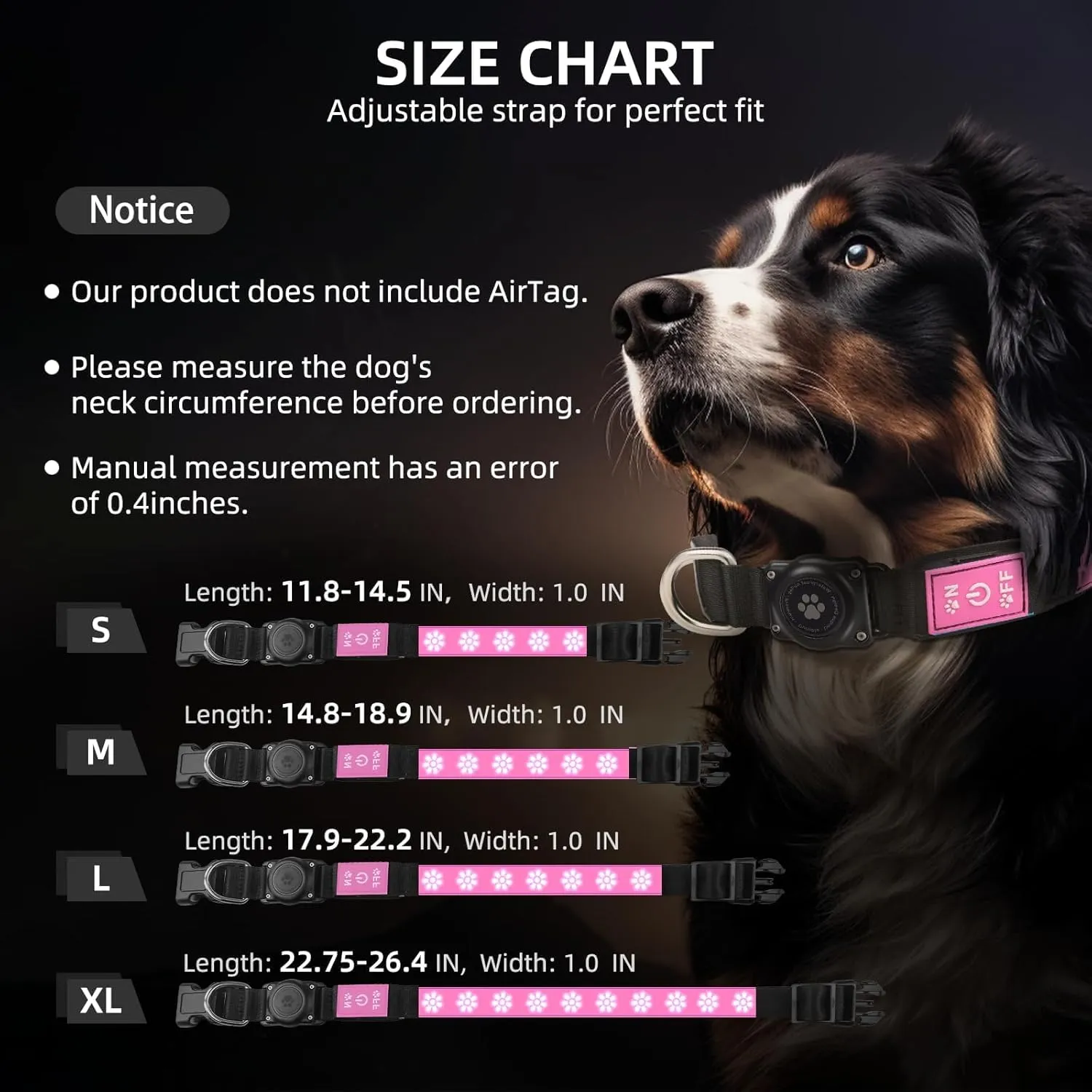 LED AirTag Dog Collar - Brightest Light Up Dog Collars - IP67 Waterproof Air Tag Dog Collar Holder - 1,600 Feet of High Visibility - USB C Rechargeable - Dog Lights for Night Walking, (Pink, XL)