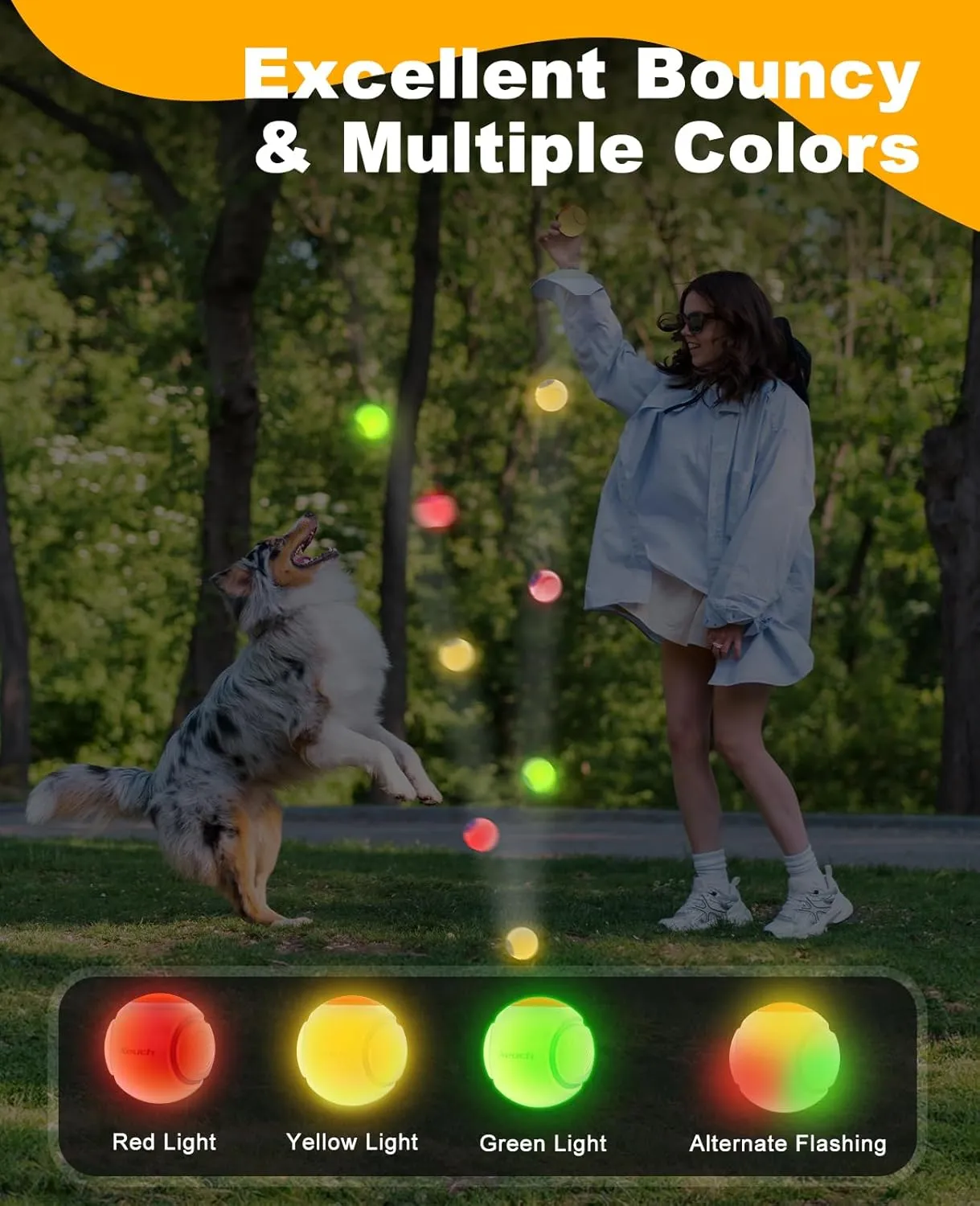 LED Dog Ball Rechargeable, Light Up Dog Ball Toys, Bounce-Activated Durable Fetch Ball, Natural Rubber, Unique Scent, 2.5 inches, for Small & Medium Dogs (Yellow)