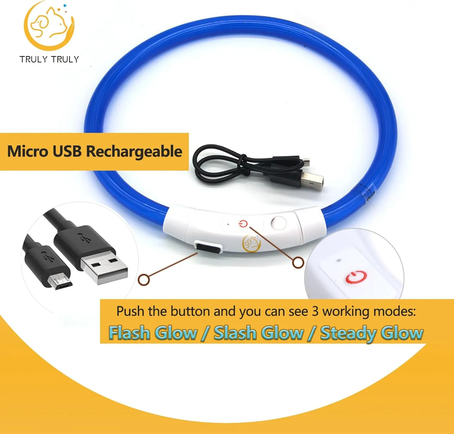 LED Dog Collar USB Rechargeable Flash Light Pet Safety Necklace for Night Visibility (Yellow, Medium)