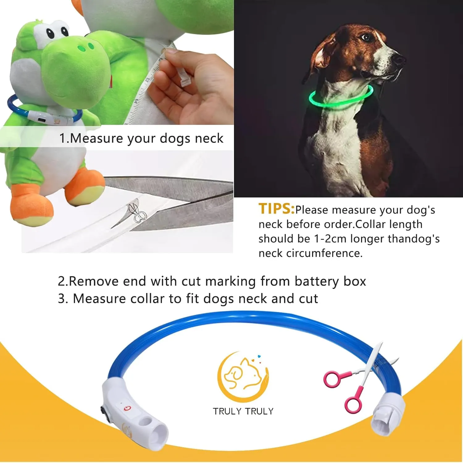 LED Dog Collar USB Rechargeable Flash Light Pet Safety Necklace for Night Visibility (Yellow, Medium)