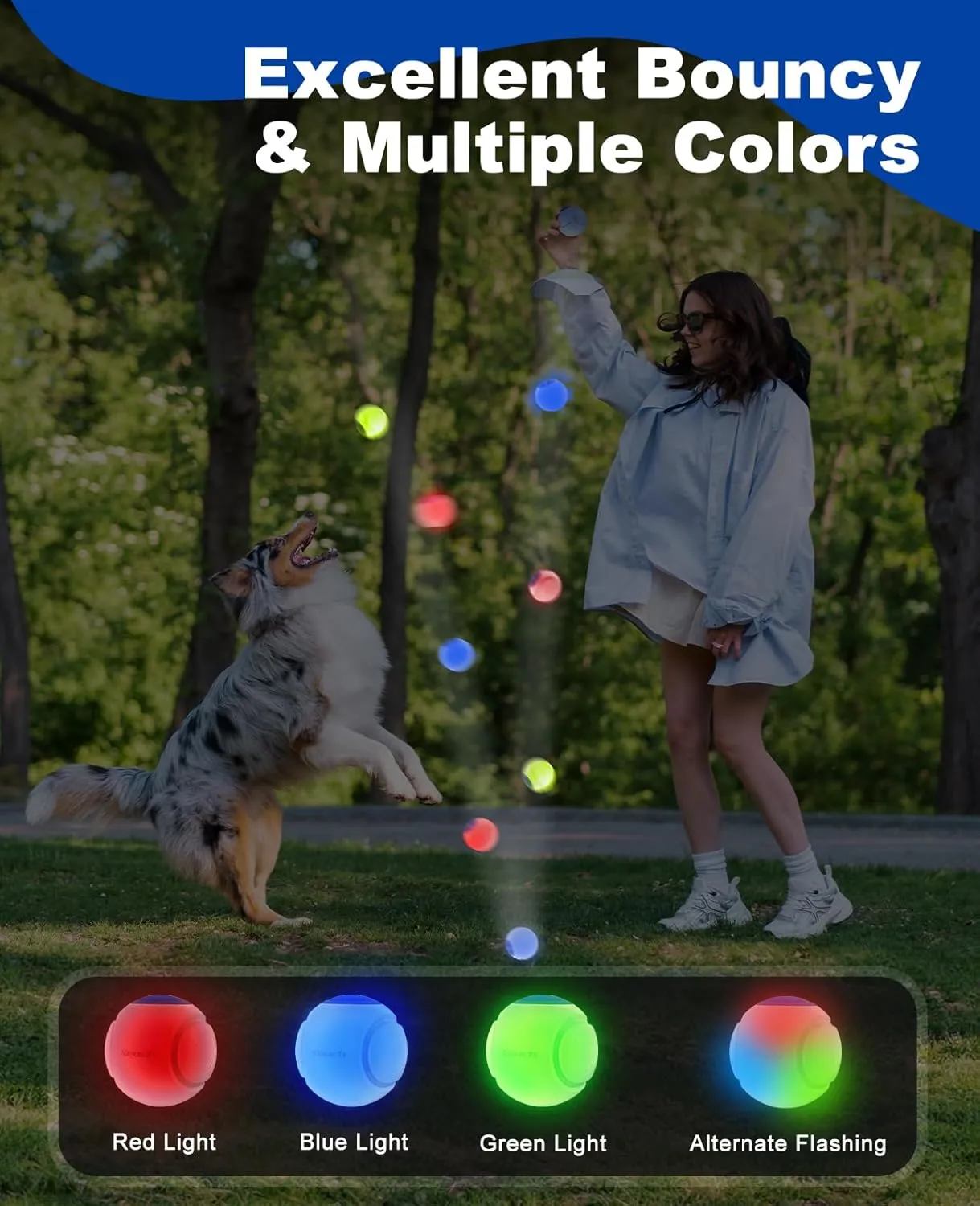 Light Up Dog Ball, Rechargeable LED Dog Balls, Interactive Dog Toy, Durable Glow Ball, Bounce-Activated Fetch Ball for Small & Medium Dogs, Natural Rubber - 2.5 inches, Light Blue