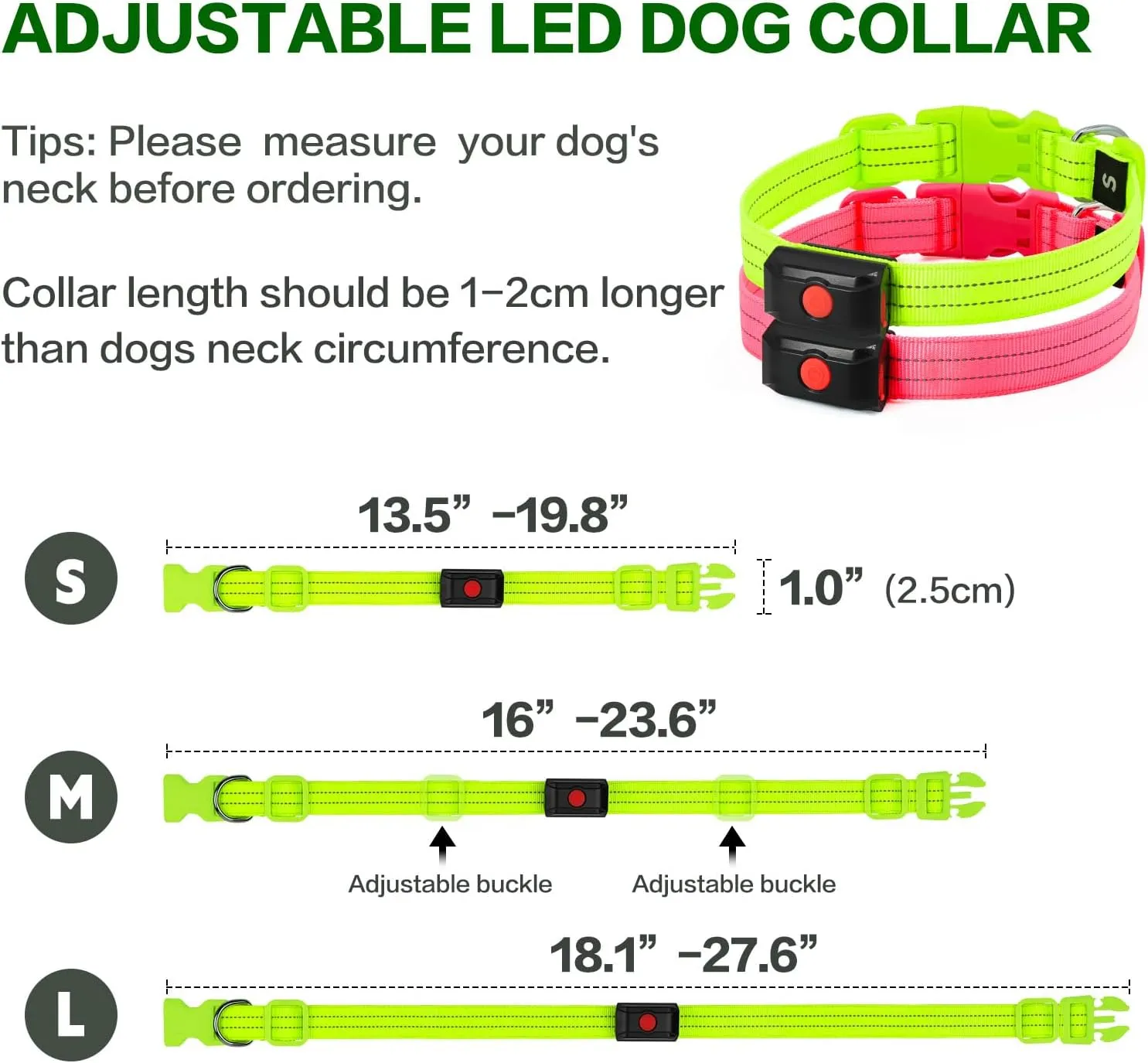 Light Up Dog Collar for Night Walking Flashing, LED Dog Collar Light Rechargeable Reflective Dog Collar Water-Resistant Adjustable Size Dog Collars for Medium Dogs