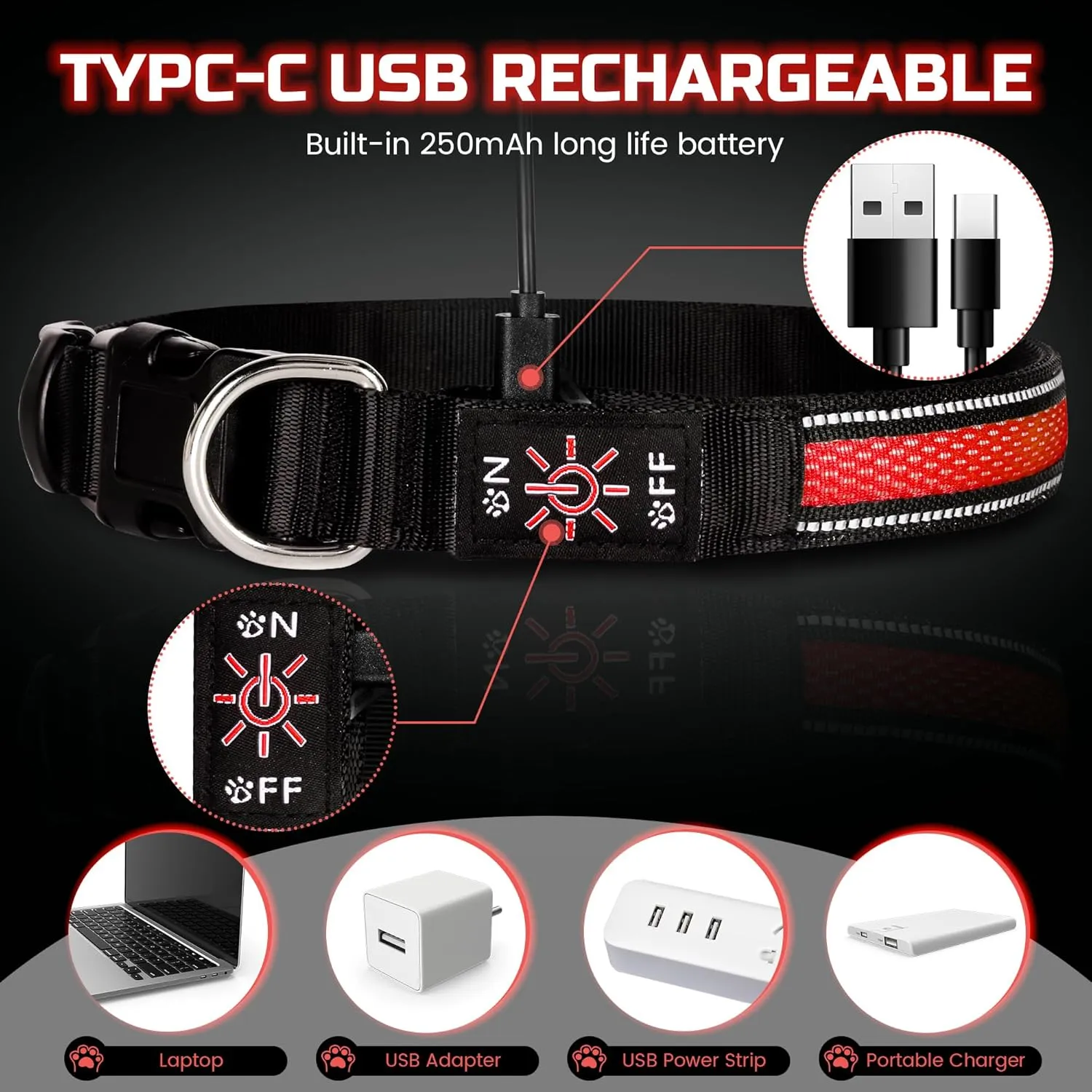 Light Up Dog Collar, Rechargeable LED Pet Collar Ultra Bright in Dark 3 Flash Glow, Adjustable Necklace High Visibility Safety Night Walking Waterproof for Small Medium Large Breed Dogs, Red, M
