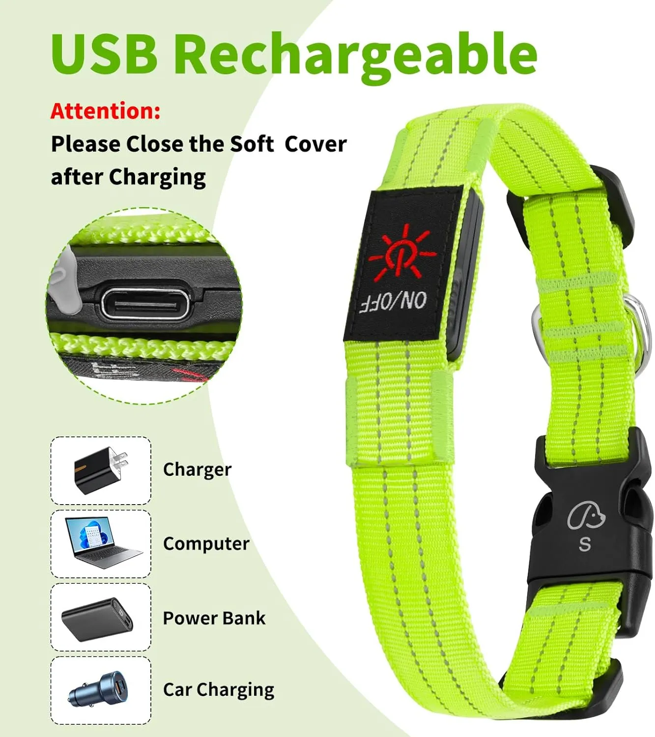 Light Up Dog Collars, LED Dog Collar Light Adjustable USB Rechargeable Super Bright Safety Light Glowing in The Dark Reflective Dog Collar for Medium Large Small Dogs