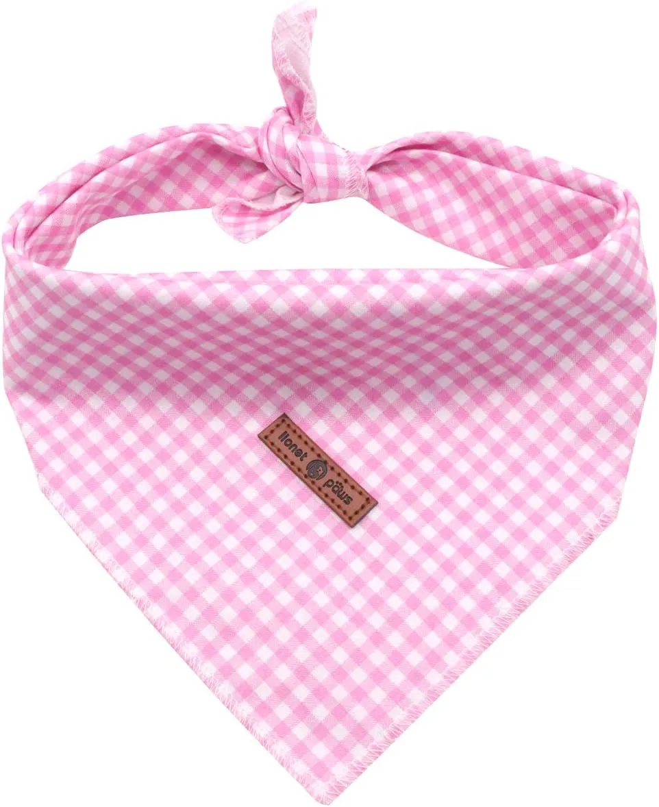 Lionet Paws Dog Bandana Washable Cotton Handkerchief Scarf Triangle Bandana for Small Medium Large Dogs Pink Grid