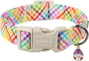 Lionet Paws Easter Dog Collar, Comfortable Adjustable Colorful Plaid Collar with Purple Rabbit for Large Male Female Dogs Collars,Neck 16-24 inches
