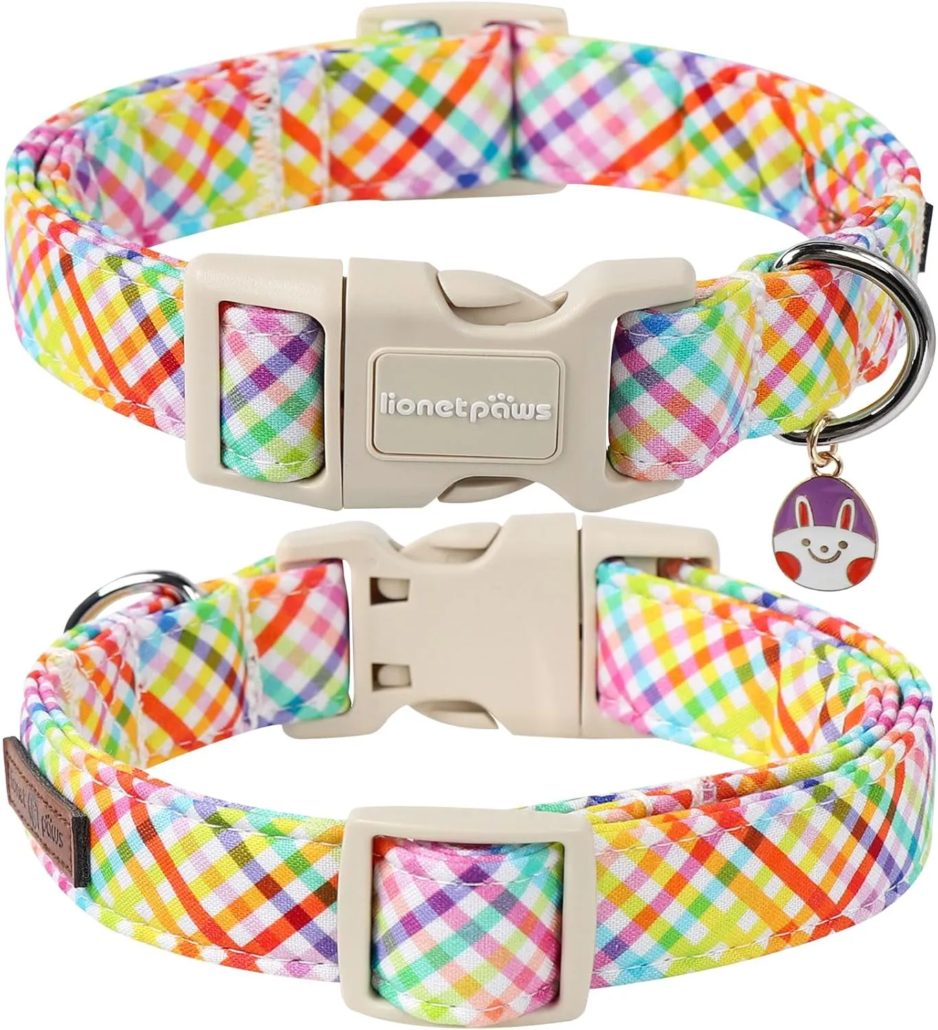 Lionet Paws Easter Dog Collar, Comfortable Adjustable Colorful Plaid Collar with Purple Rabbit for Large Male Female Dogs Collars,Neck 16-24 inches