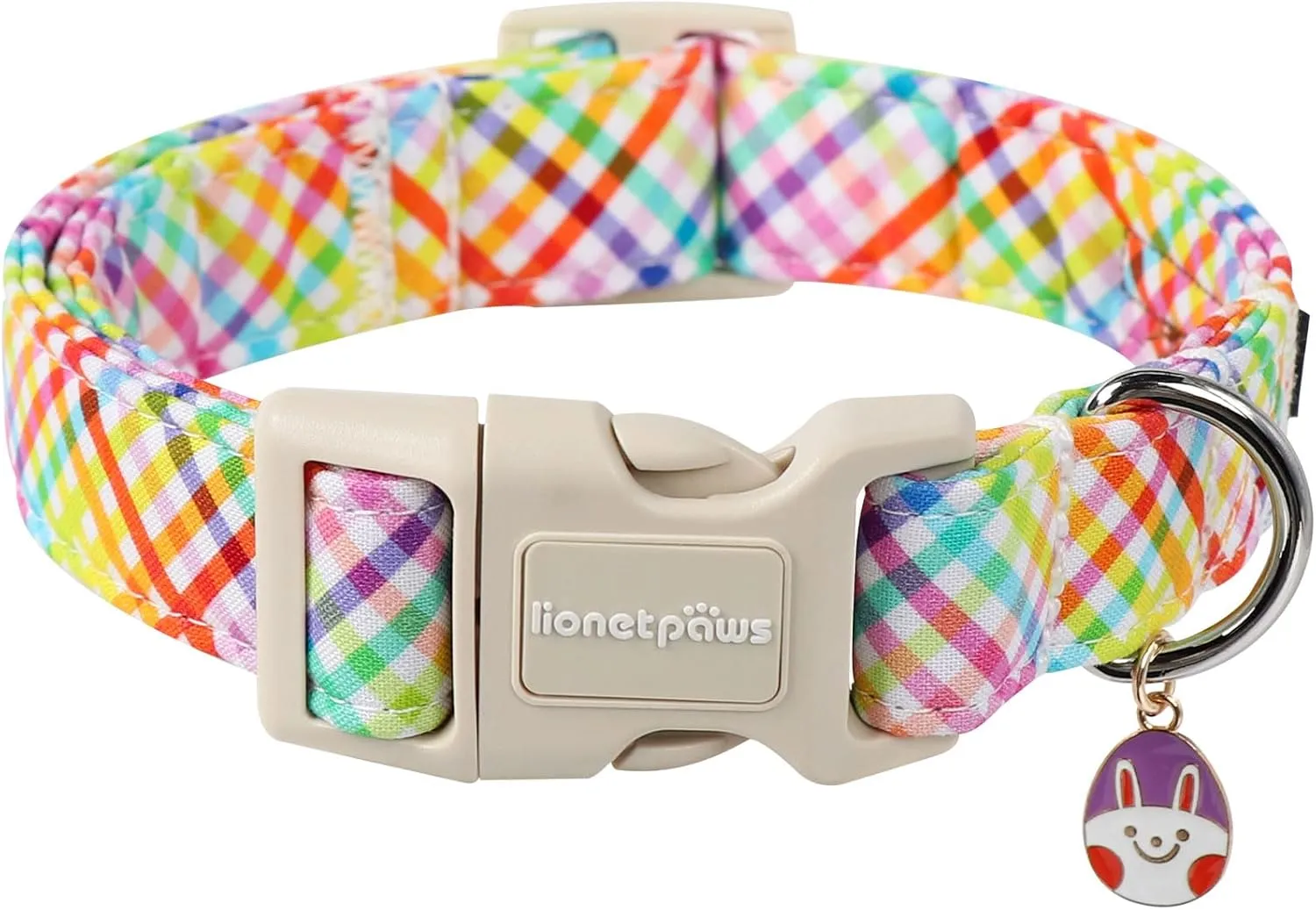 Lionet Paws Easter Dog Collar, Comfortable Adjustable Colorful Plaid Collar with Purple Rabbit for Large Male Female Dogs Collars,Neck 16-24 inches