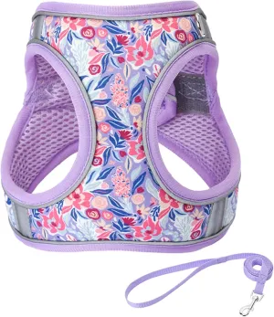 M Light Purple Flower Pattern Dog Harness and Leash Set,No Escape Puppy Harnesses for Training WalkingBreathable Adjustable Puppy Vest for Small Medium Dogs, Cats (Light Purple, M)