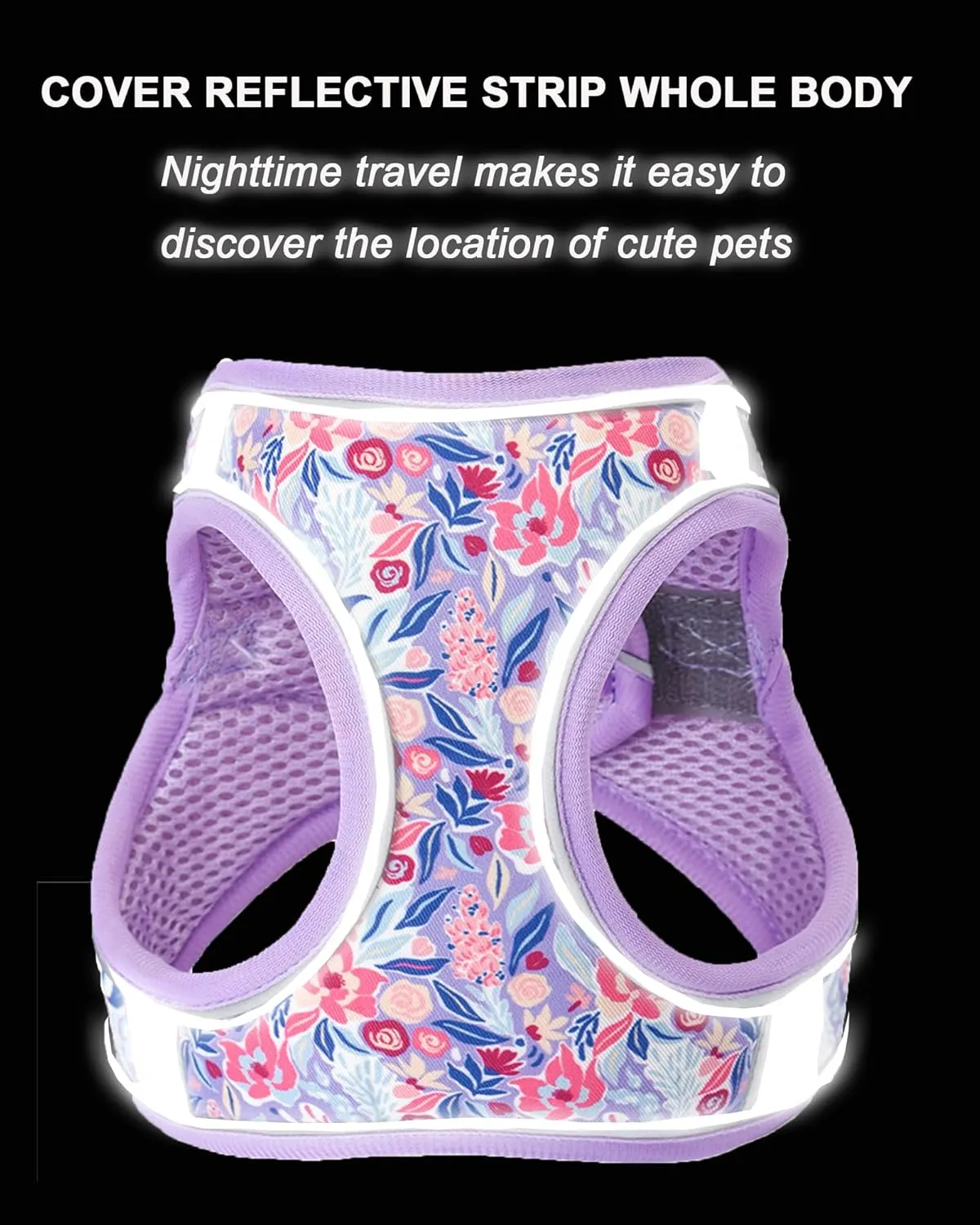 M Light Purple Flower Pattern Dog Harness and Leash Set,No Escape Puppy Harnesses for Training WalkingBreathable Adjustable Puppy Vest for Small Medium Dogs, Cats (Light Purple, M)