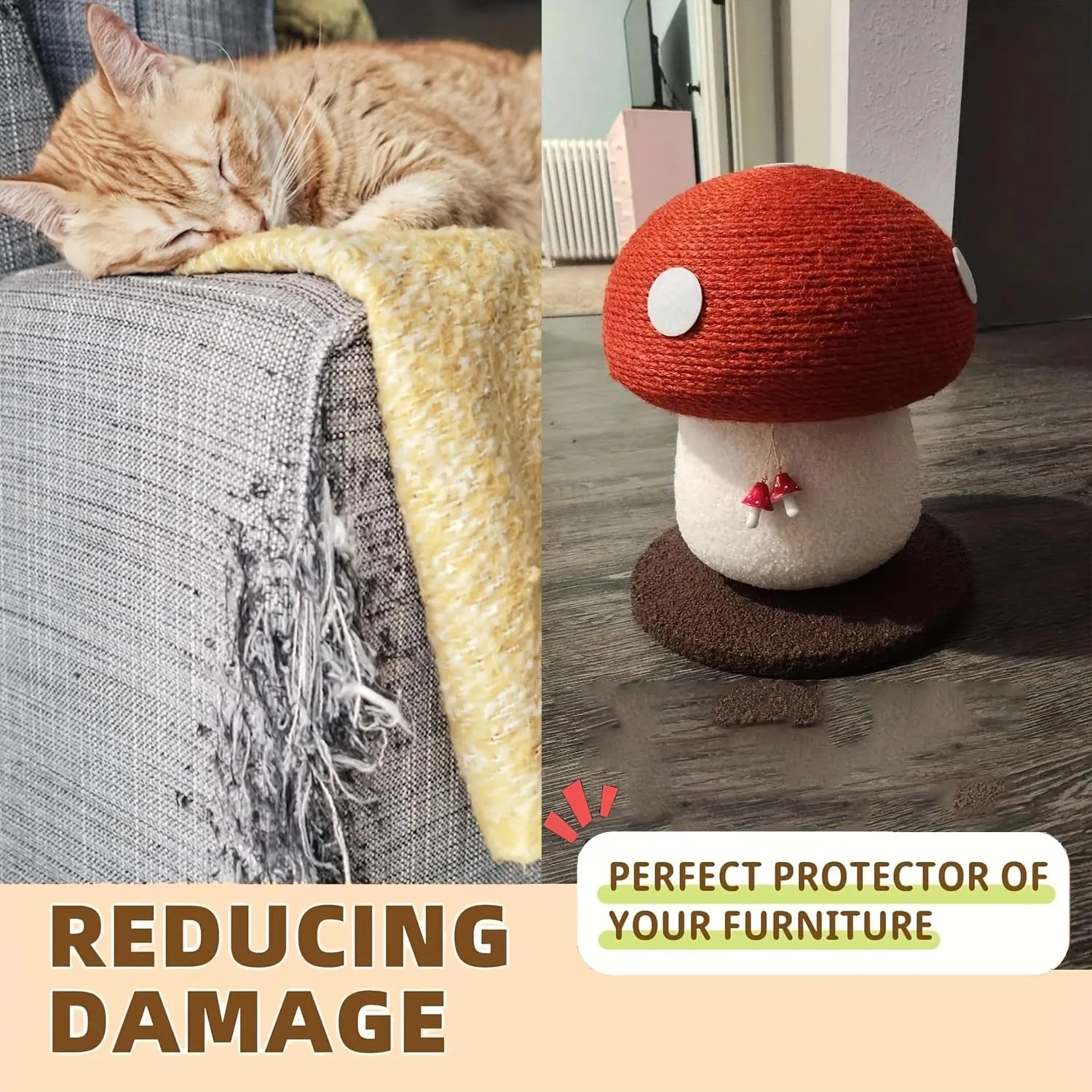 Mushroom cat Scratcher, Cute Cat Scratching Post, Durable Sisal Rope Cat Scratching Board, Kitten Tree, Cat Toy for Cats to Play and Care for Their Claws, No Assembly Required