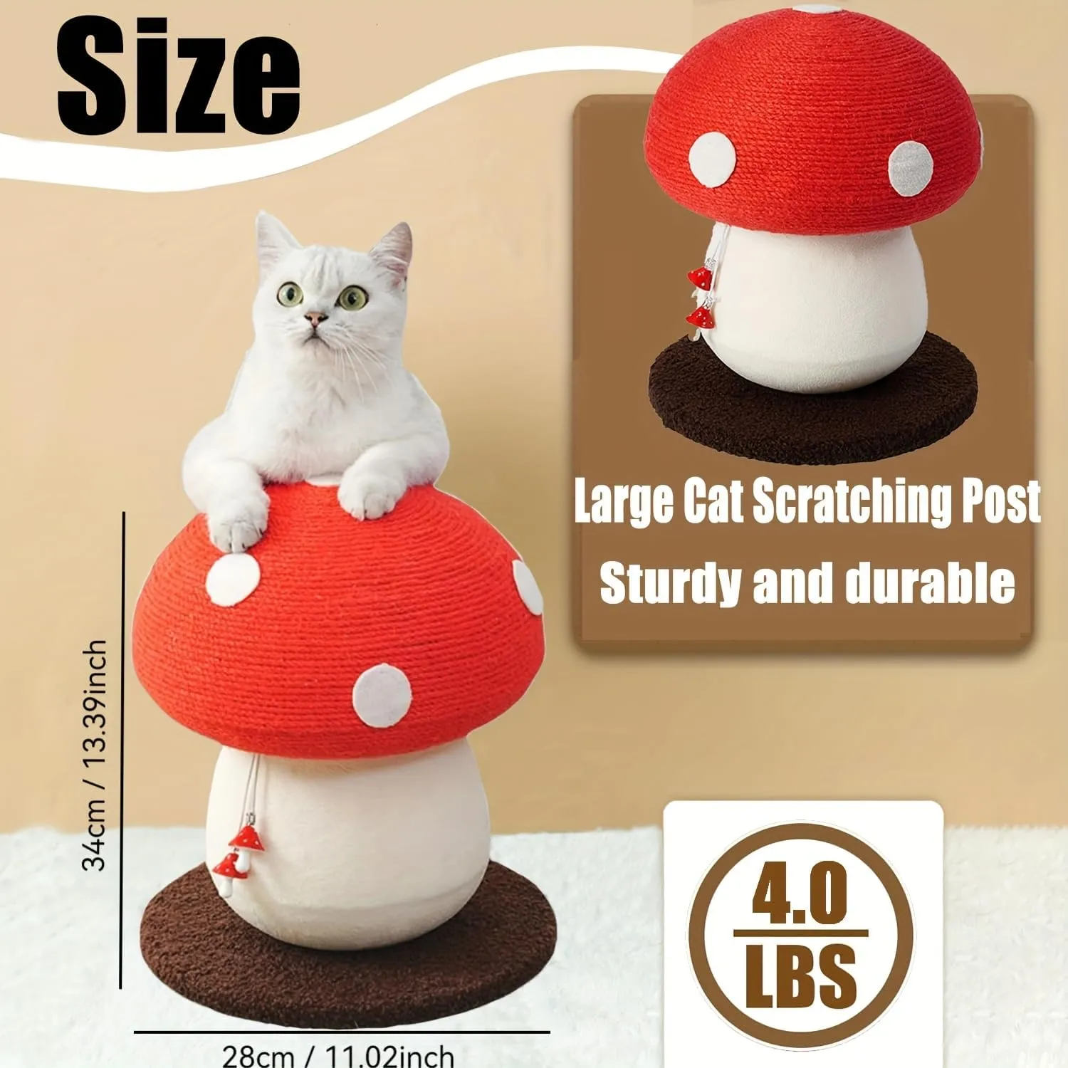Mushroom cat Scratcher, Cute Cat Scratching Post, Durable Sisal Rope Cat Scratching Board, Kitten Tree, Cat Toy for Cats to Play and Care for Their Claws, No Assembly Required