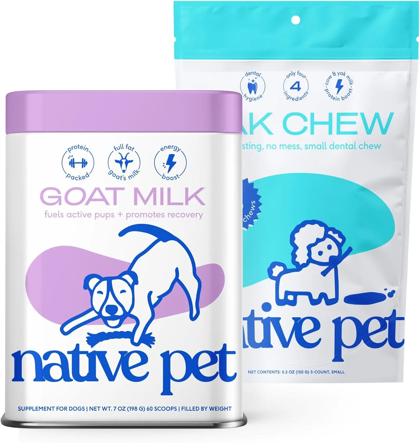 Native Pet Goat Milk Powder for Dogs (60 Scoops) & Yak Chew (5 Small Chews) - All Natural Dental Sticks Made with Yak Cheese & Organic Goat Milk to Support a Healthy Digestive System