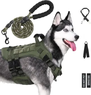 No Pull Tactical Dog Harness for Large Dogs, Escape Proof Molle Dog Vest Harness and Leash Set, Adjustable Military Service Dog Harness with Handle for Medium Large Dogs(Green, M)