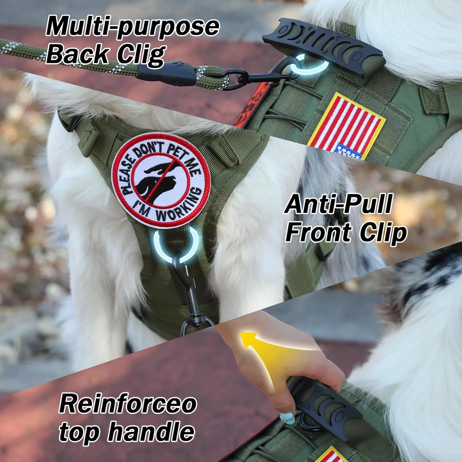 No Pull Tactical Dog Harness for Large Dogs, Escape Proof Molle Dog Vest Harness and Leash Set, Adjustable Military Service Dog Harness with Handle for Medium Large Dogs(Green, M)
